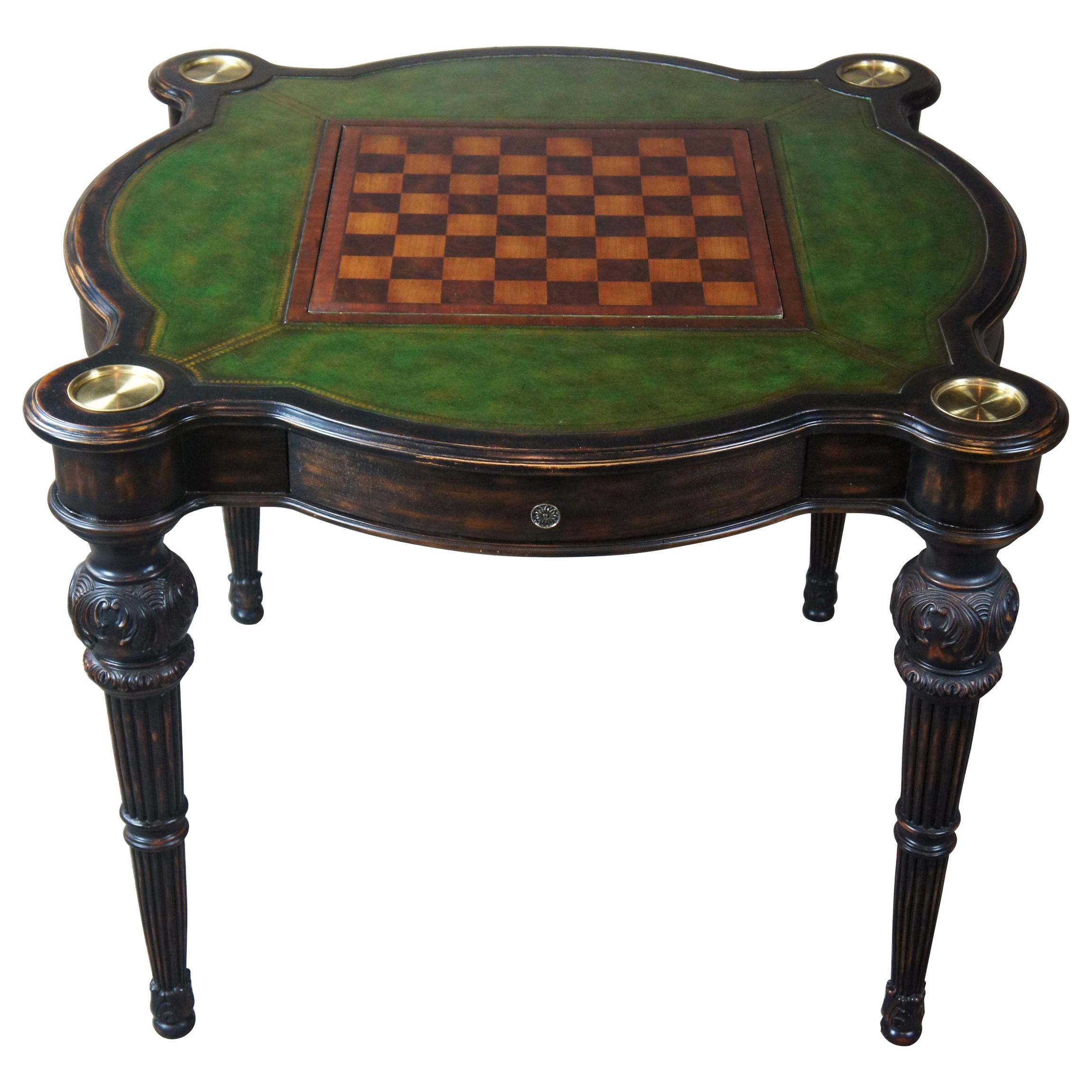 Traditional Green Tooled Leather Top Game Table Cards Chess Poker