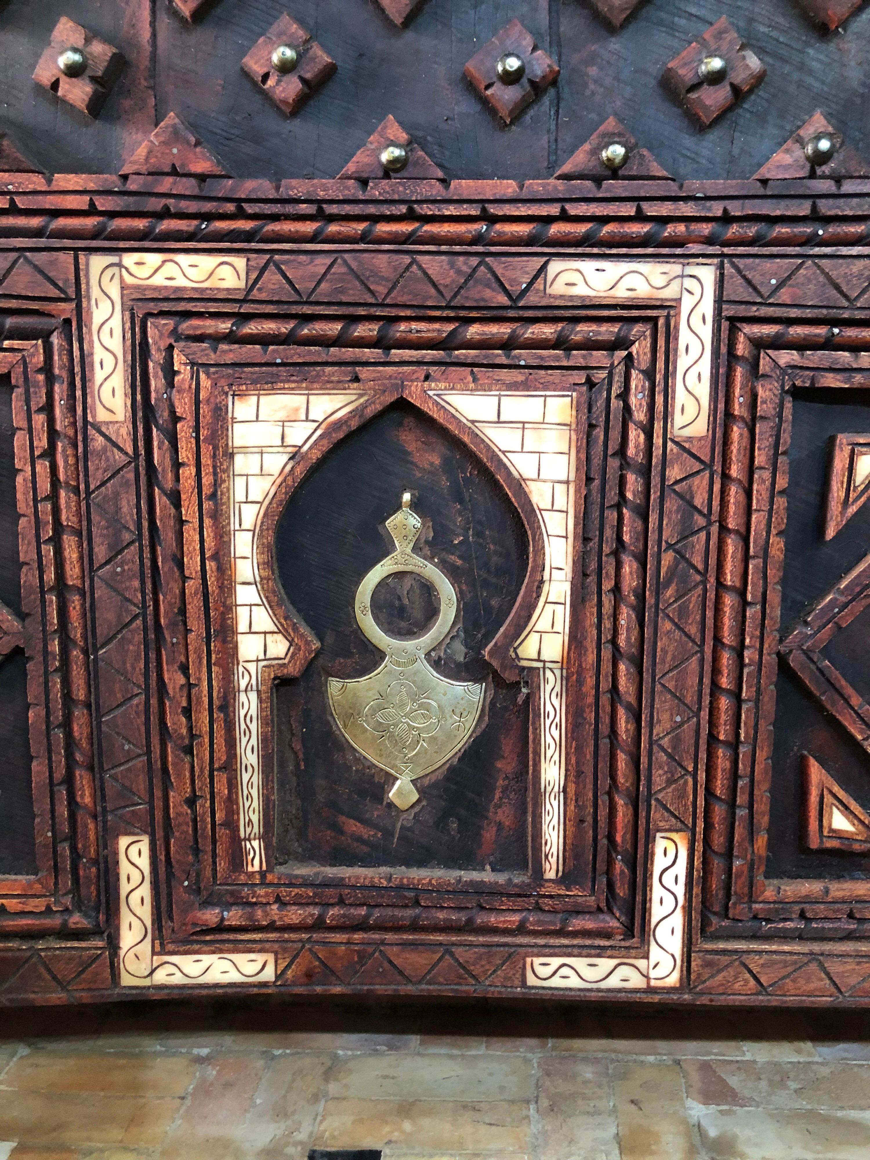 Traditional Hand Carved Moroccan Wood Door, Inlaid Bone, Berber Cross, Silver For Sale 5