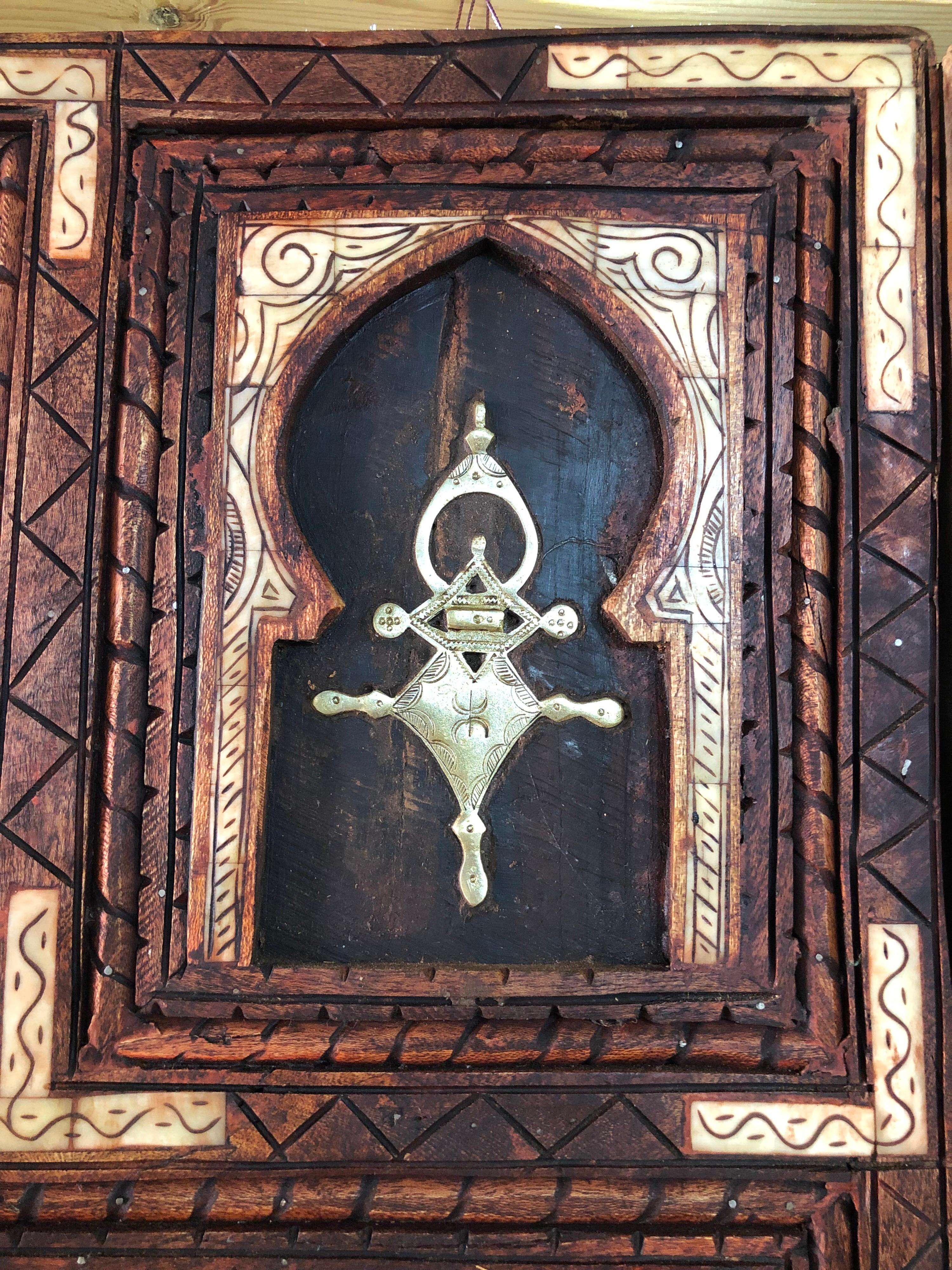 Traditional Hand Carved Moroccan Wood Door, Inlaid Bone, Berber Cross, Silver In Excellent Condition For Sale In Vineyard Haven, MA
