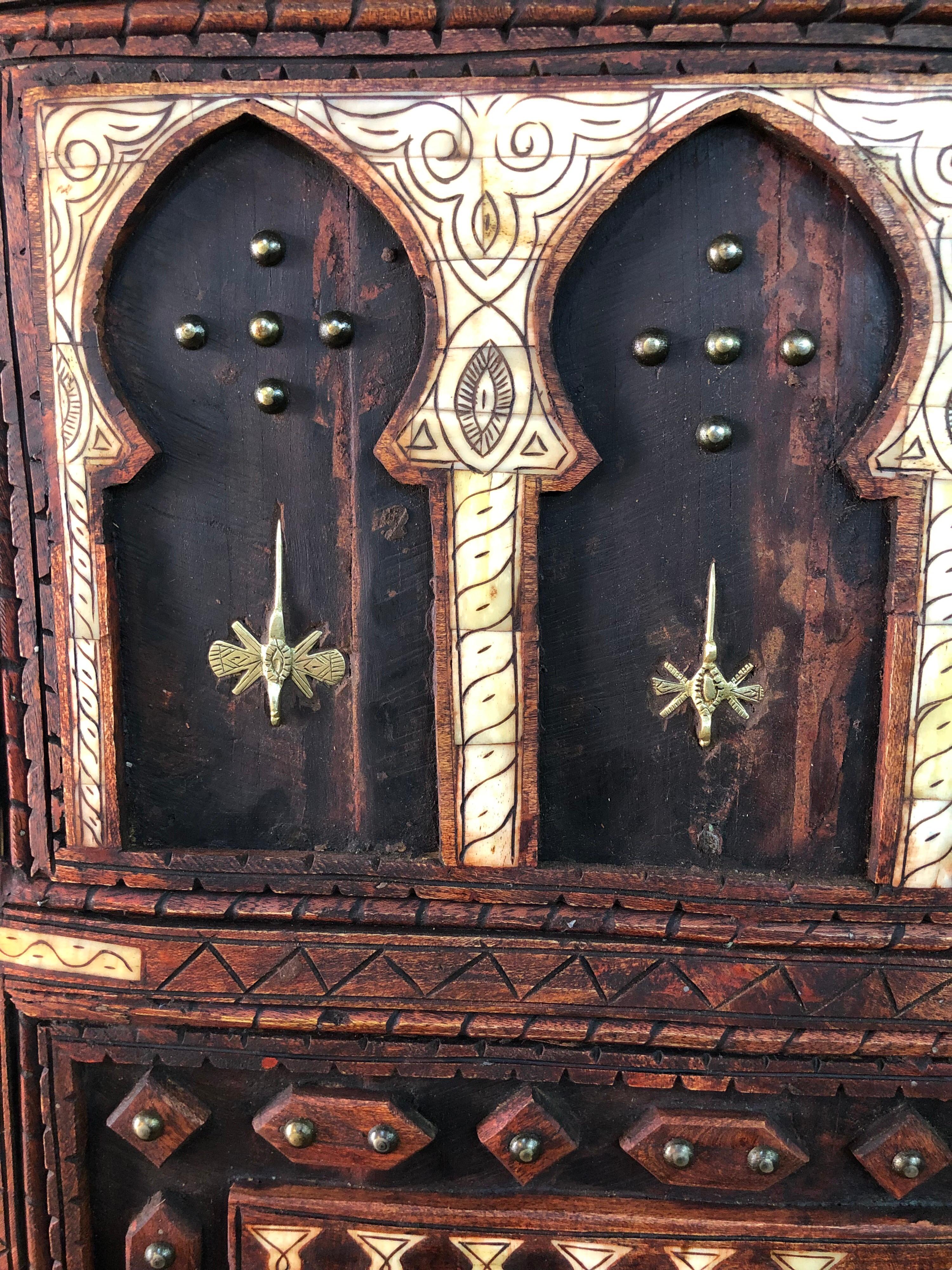 Contemporary Traditional Hand Carved Moroccan Wood Door, Inlaid Bone, Berber Cross, Silver For Sale