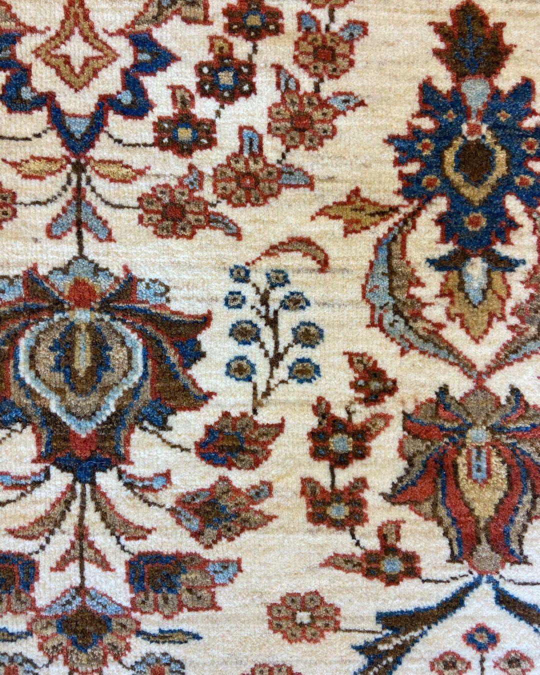 Traditional Persian Hand-Knotted Cream, Blue, and Red Wool Carpet, 5' x 7' For Sale 6