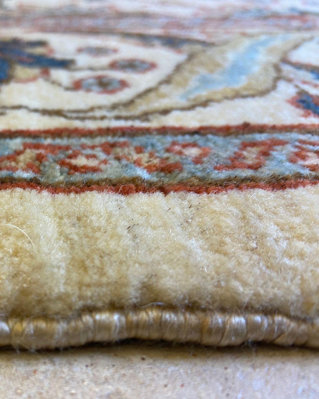 Traditional Persian Hand-Knotted Cream, Blue, and Red Wool Carpet, 5' x 7' For Sale 7