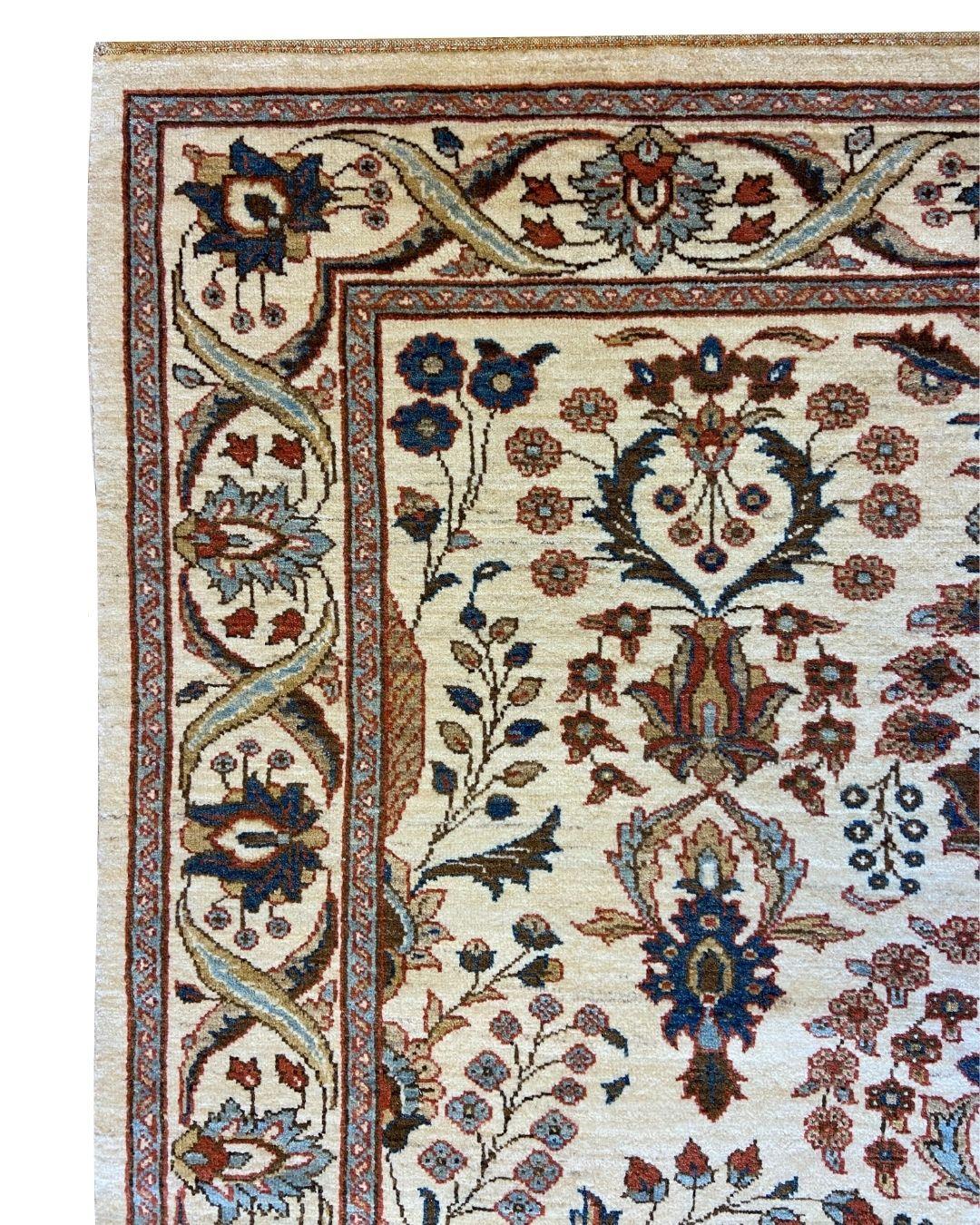 Traditional Persian Hand-Knotted Cream, Blue, and Red Wool Carpet, 5' x 7' In New Condition For Sale In New York, NY
