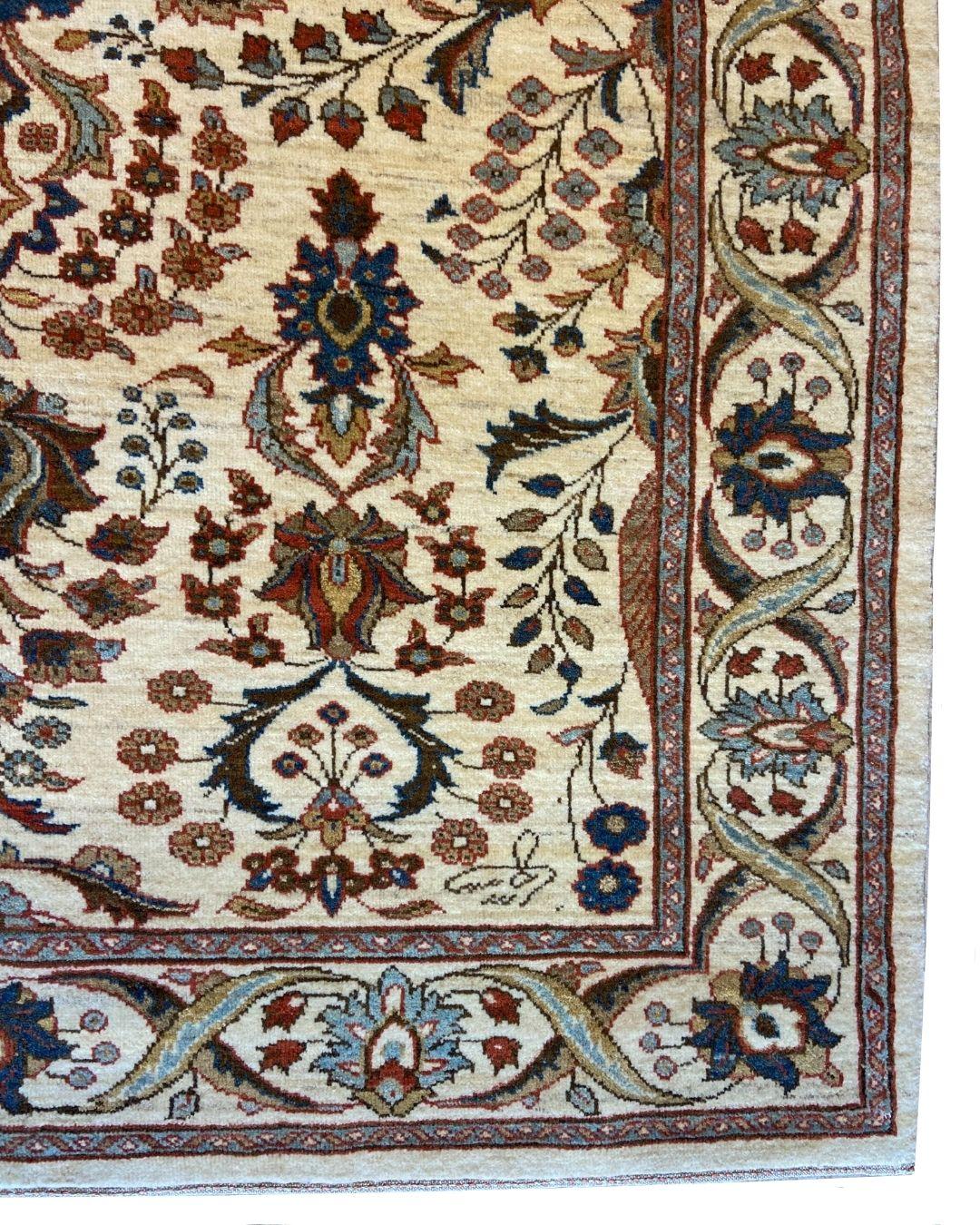 Contemporary Traditional Persian Hand-Knotted Cream, Blue, and Red Wool Carpet, 5' x 7' For Sale