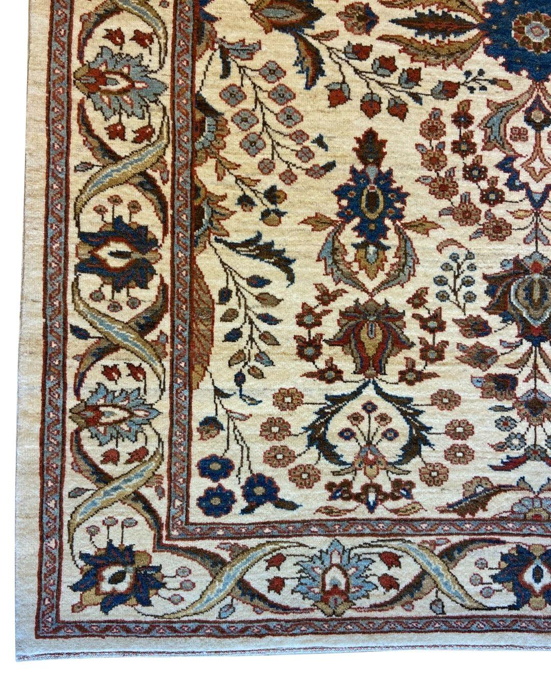 Traditional Persian Hand-Knotted Cream, Blue, and Red Wool Carpet, 5' x 7' For Sale 1