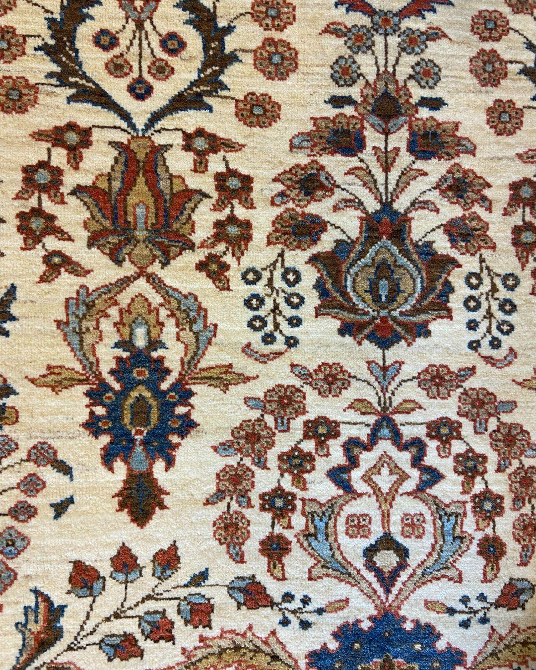 Traditional Persian Hand-Knotted Cream, Blue, and Red Wool Carpet, 5' x 7' For Sale 3