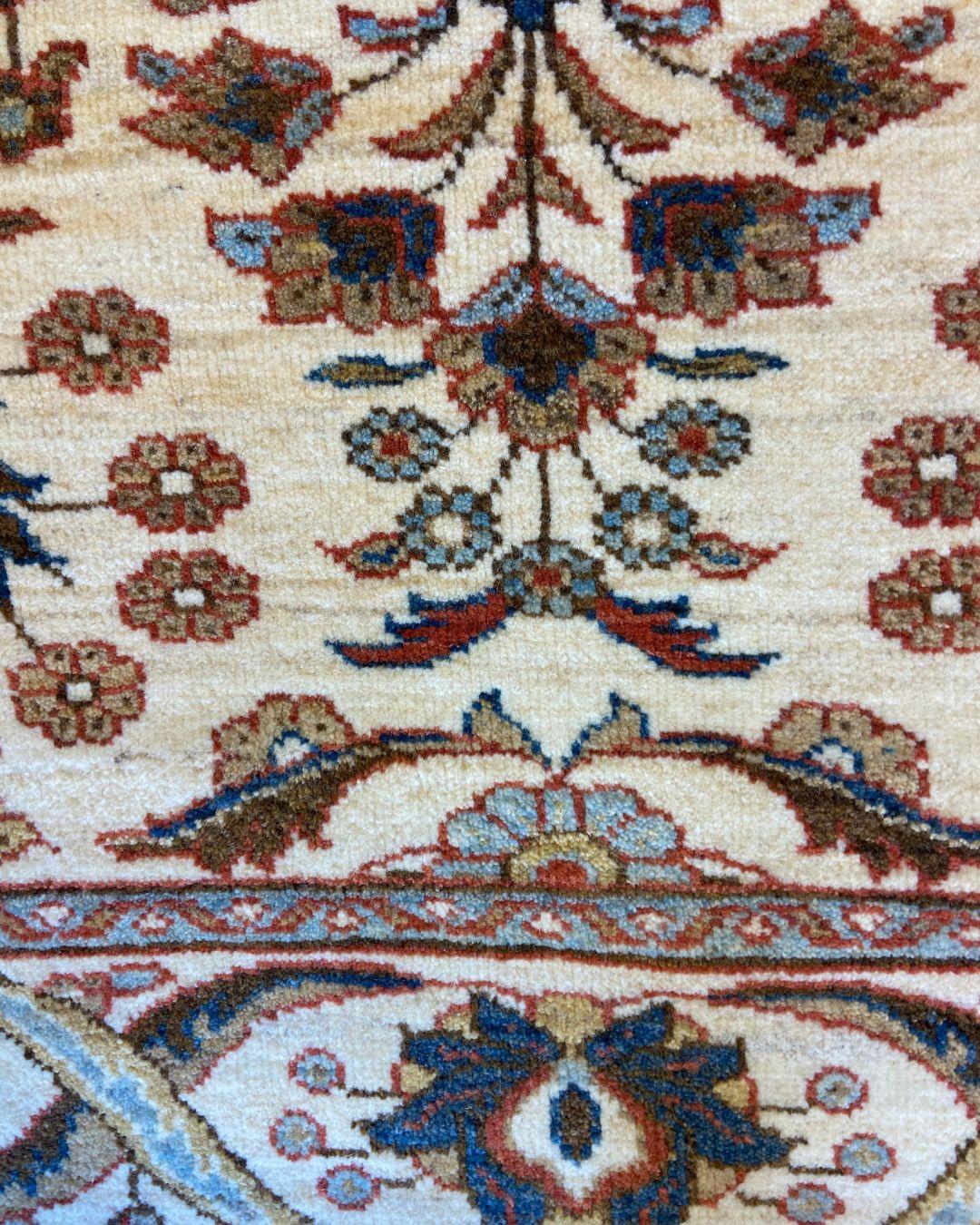 Traditional Persian Hand-Knotted Cream, Blue, and Red Wool Carpet, 5' x 7' For Sale 4