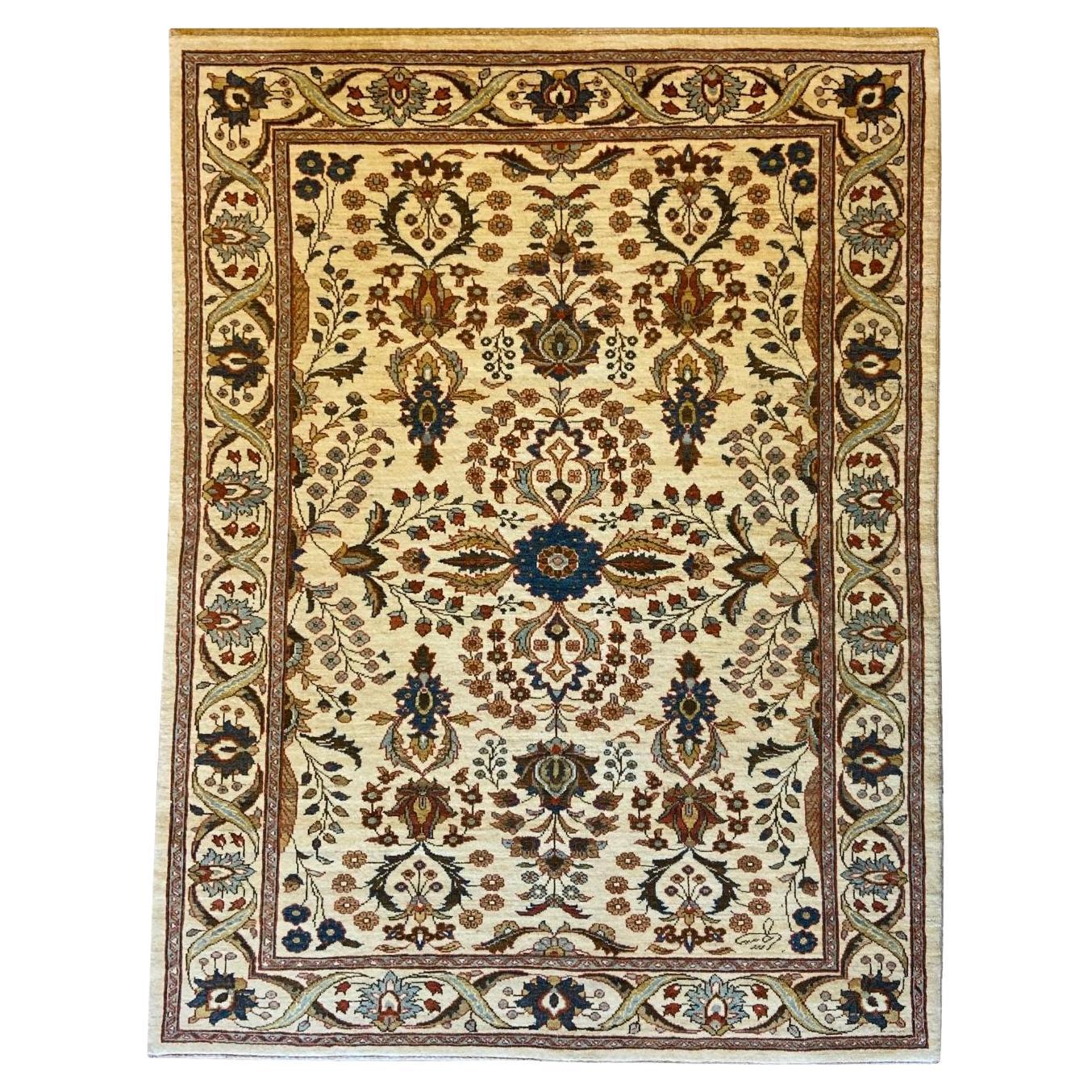 Traditional Persian Hand-Knotted Cream, Blue, and Red Wool Carpet, 5' x 7'