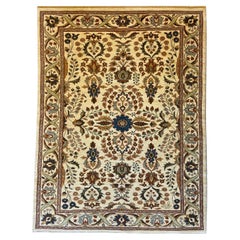 Traditional Persian Hand-Knotted Cream, Blue, and Red Wool Carpet, 5' x 7'