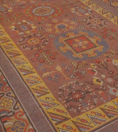Traditional Hand-Knotted Wool Samarkand Khotan Rug with Auspicious Symbols