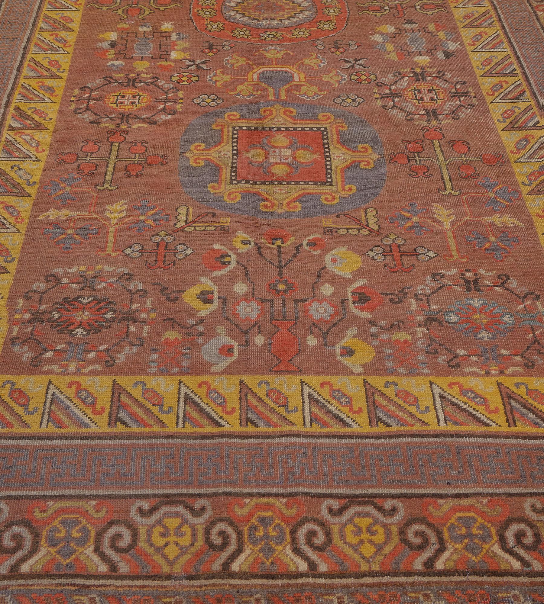 Traditional Hand-Knotted Wool Samarkand Khotan Rug with Auspicious Symbols In Good Condition For Sale In West Hollywood, CA