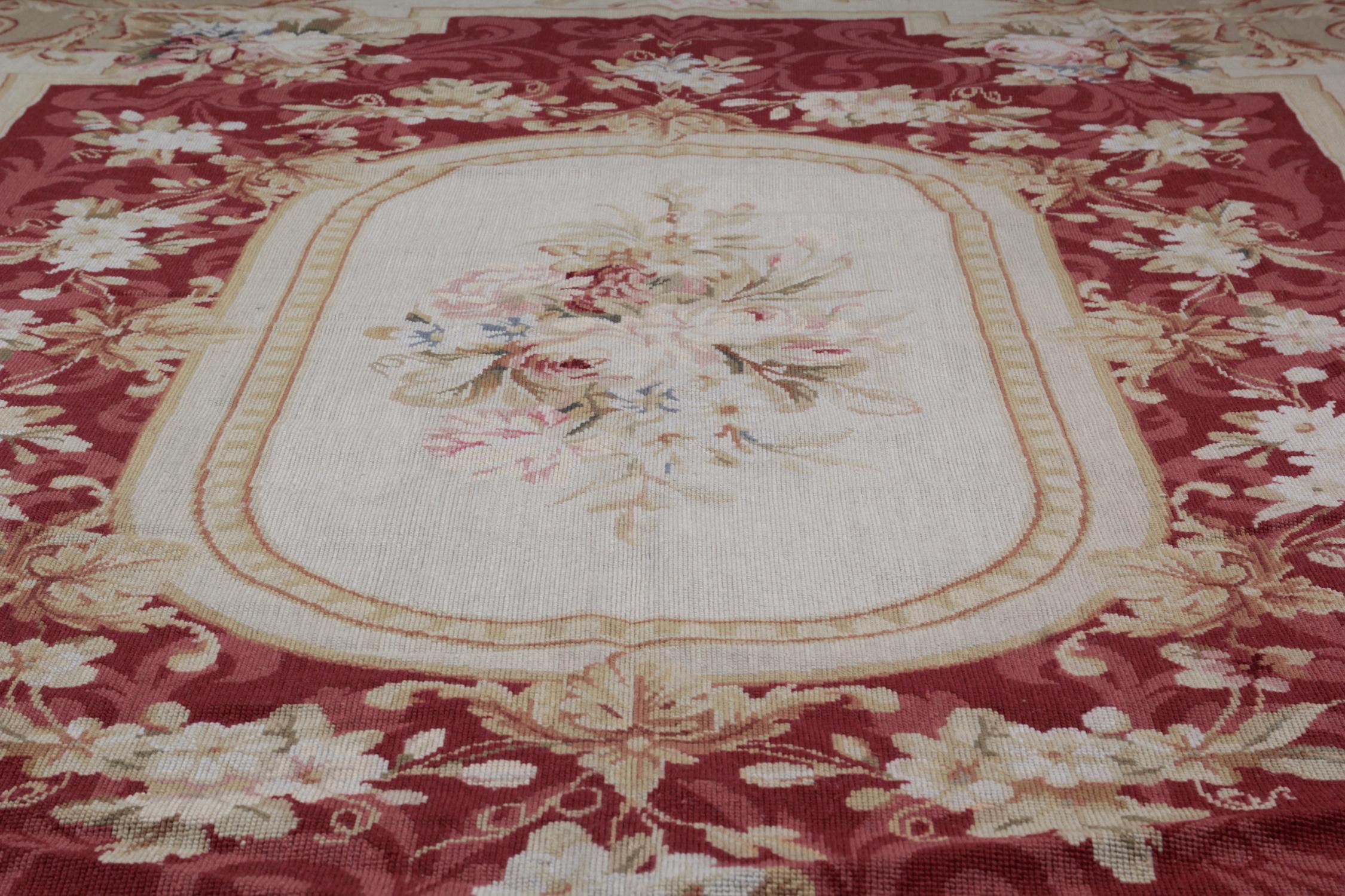 Hand-Crafted Traditional Handwoven Floral Tapestry, French Design Aubusson Style Needlepoint