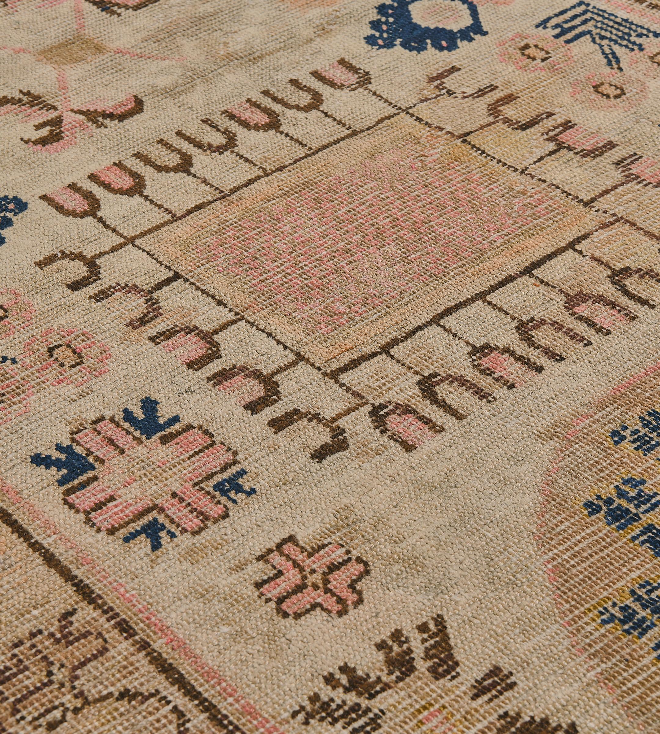 East Turkestani Traditional Hand-Woven Wool Antique Floral Samarkand Khotan Runner For Sale