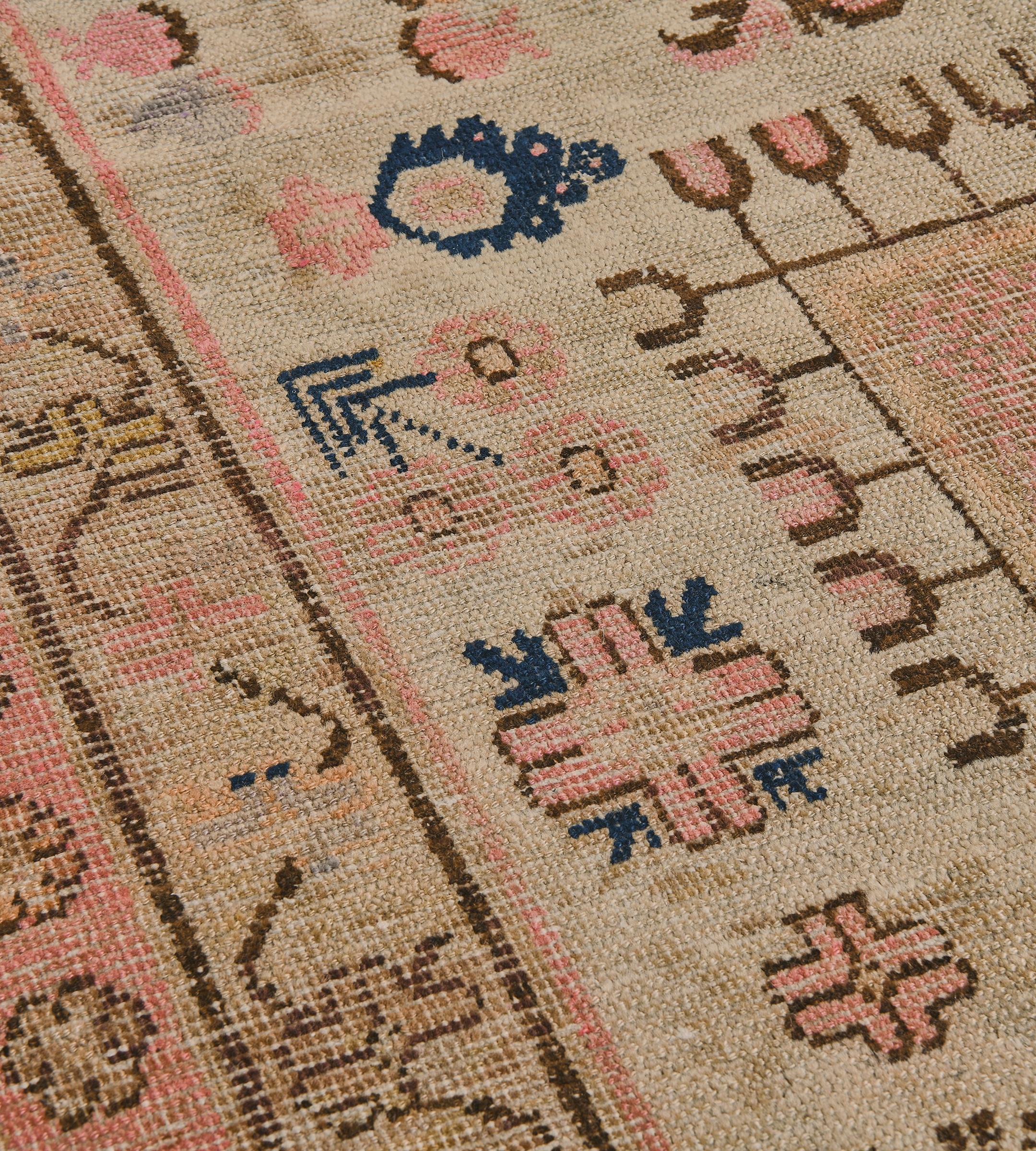 20th Century Traditional Hand-Woven Wool Antique Floral Samarkand Khotan Runner For Sale