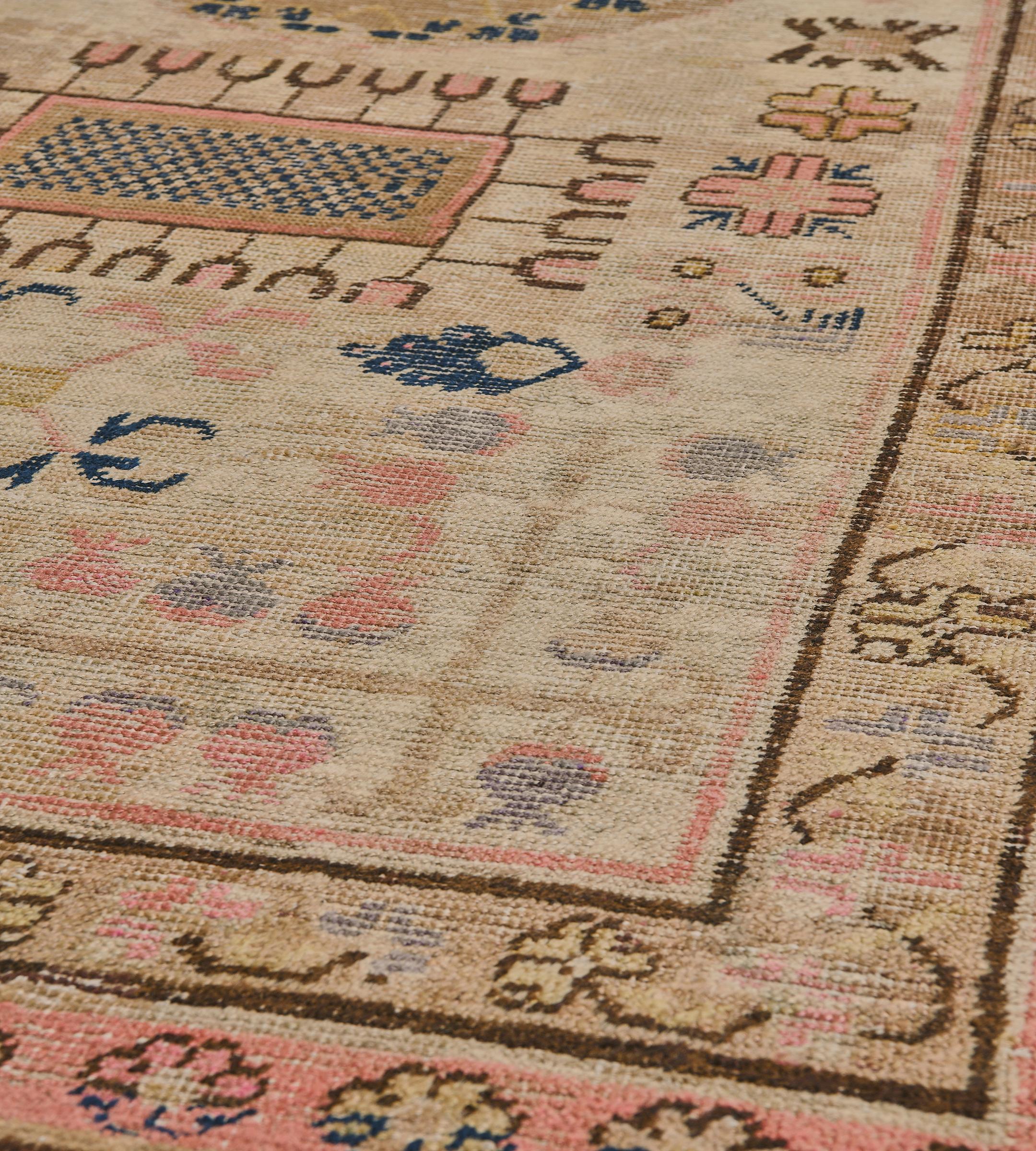 Traditional Hand-Woven Wool Antique Floral Samarkand Khotan Runner For Sale 1