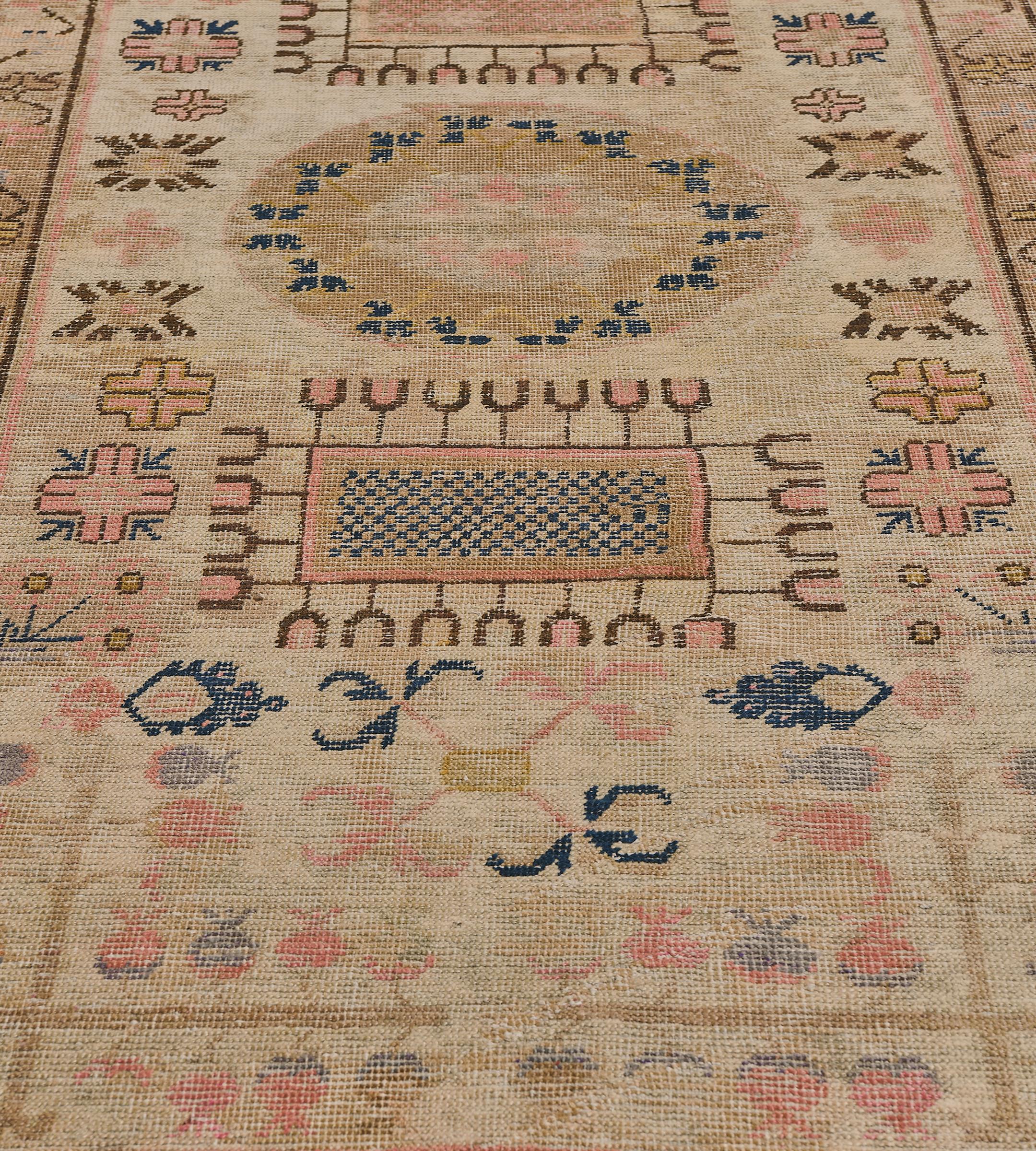 Traditional Hand-Woven Wool Antique Floral Samarkand Khotan Runner For Sale 2