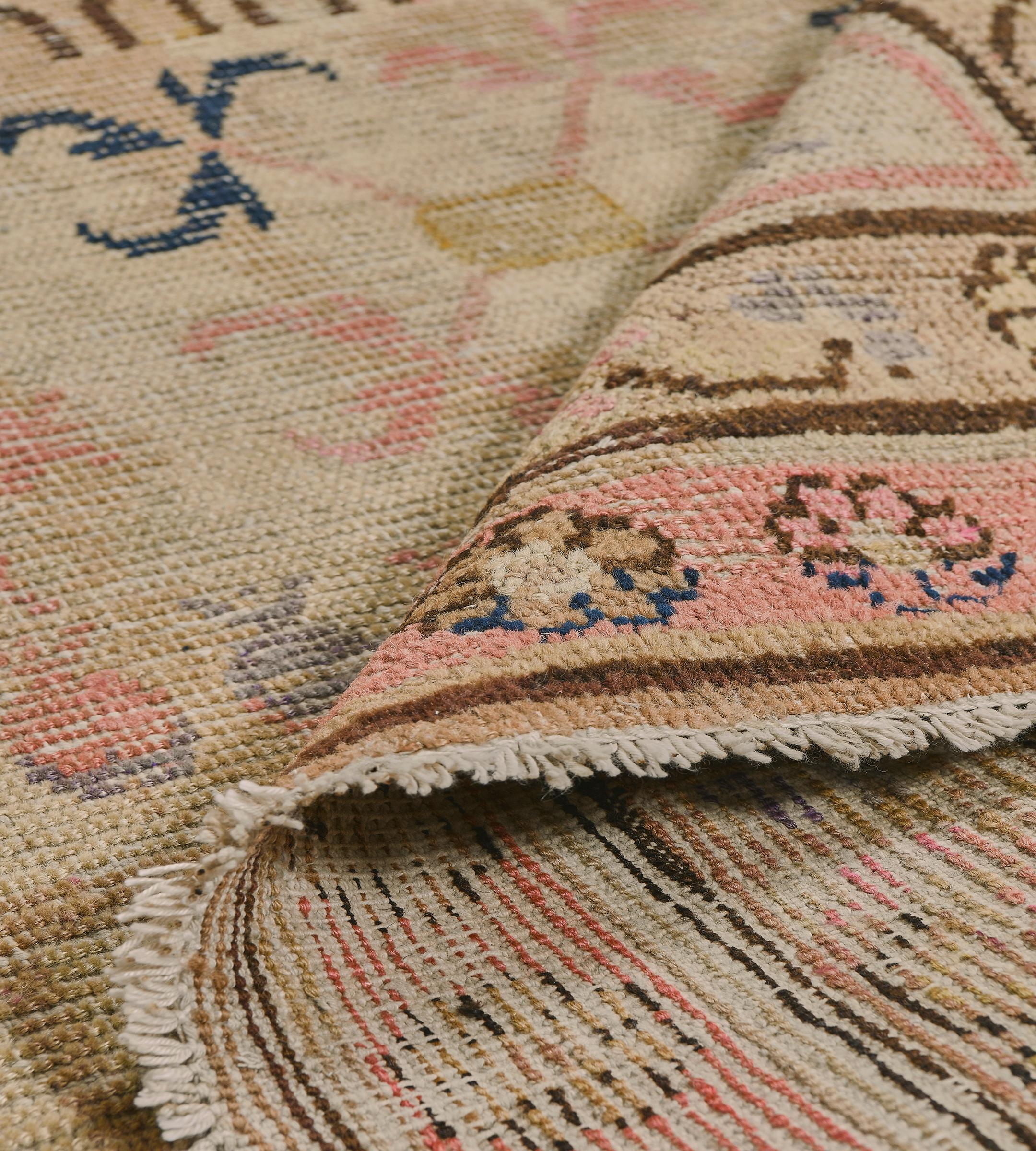 Traditional Hand-Woven Wool Antique Floral Samarkand Khotan Runner For Sale 4