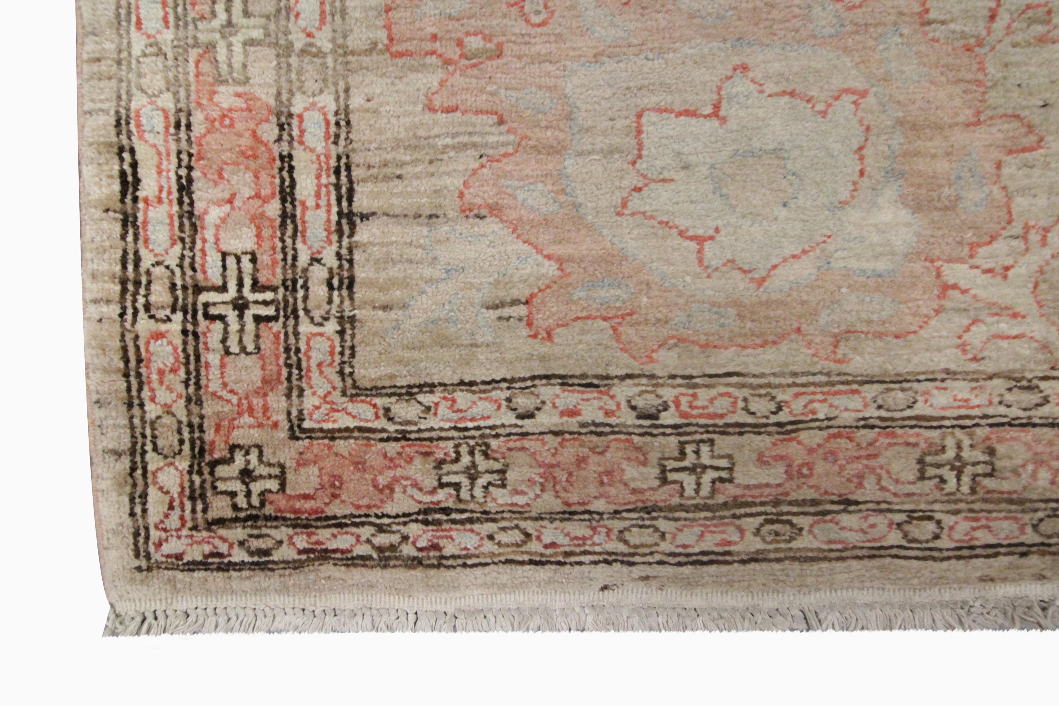 Hand-Knotted Traditional Handmade Beige Wool Runner Rug Long Oriental Floral Carpet For Sale