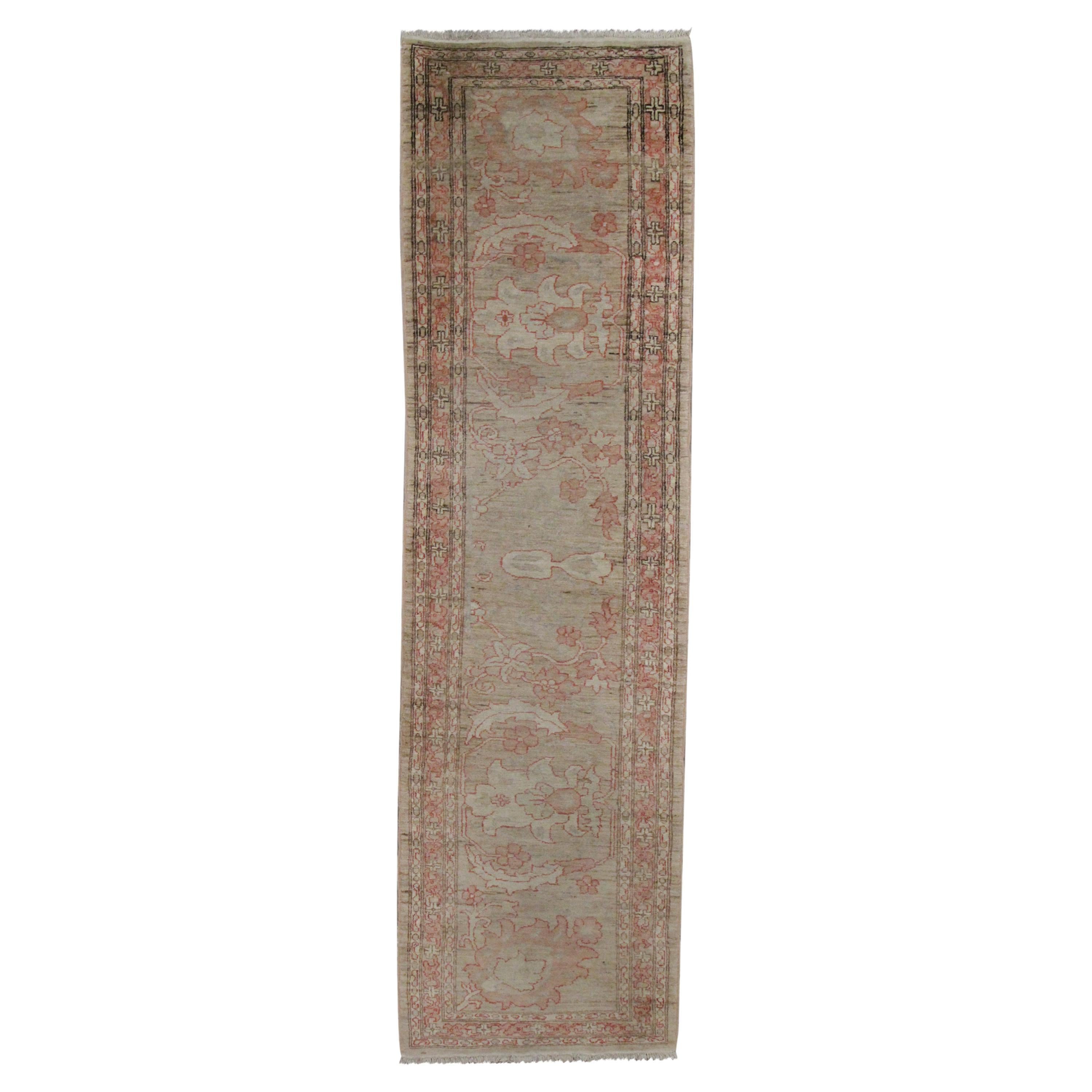 Traditional Handmade Beige Wool Runner Rug Long Oriental Floral Carpet For Sale