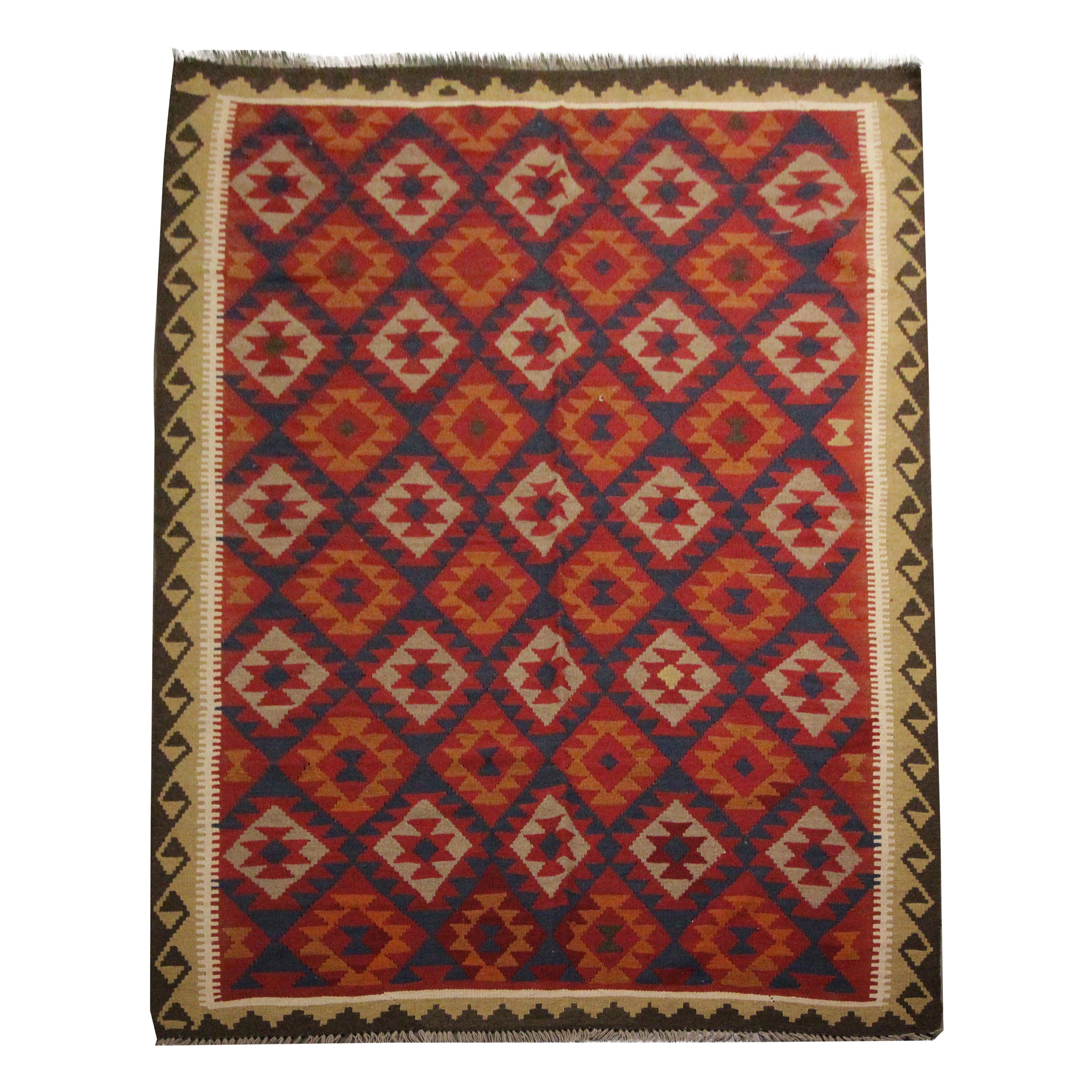 Traditional Handmade Carpet Wool Kilim Rug Orange Geometric Area Rug For Sale