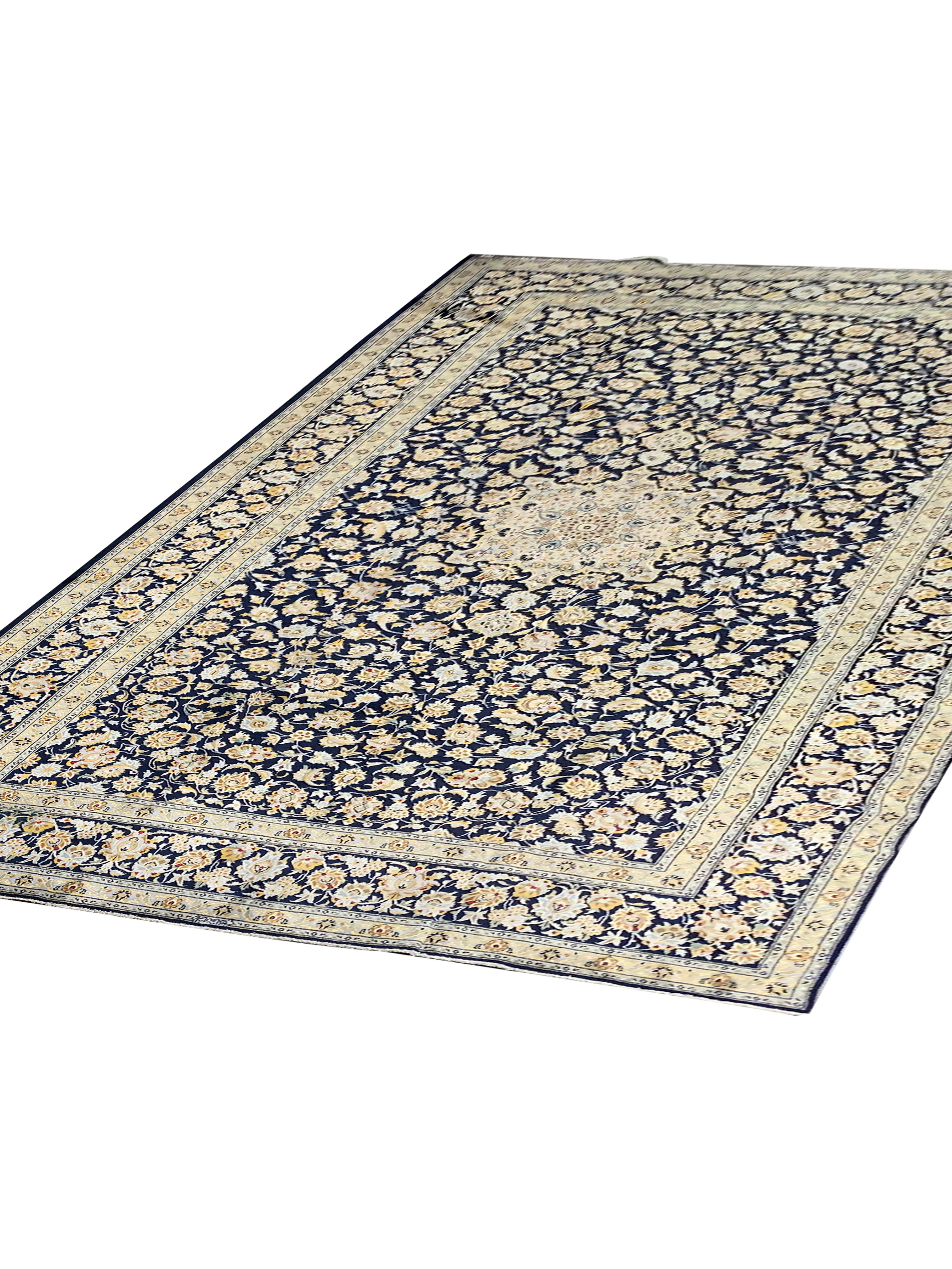 Hand-Knotted Traditional Handmade Vintage Carpet Large Blue Cream Wool Area Rug For Sale