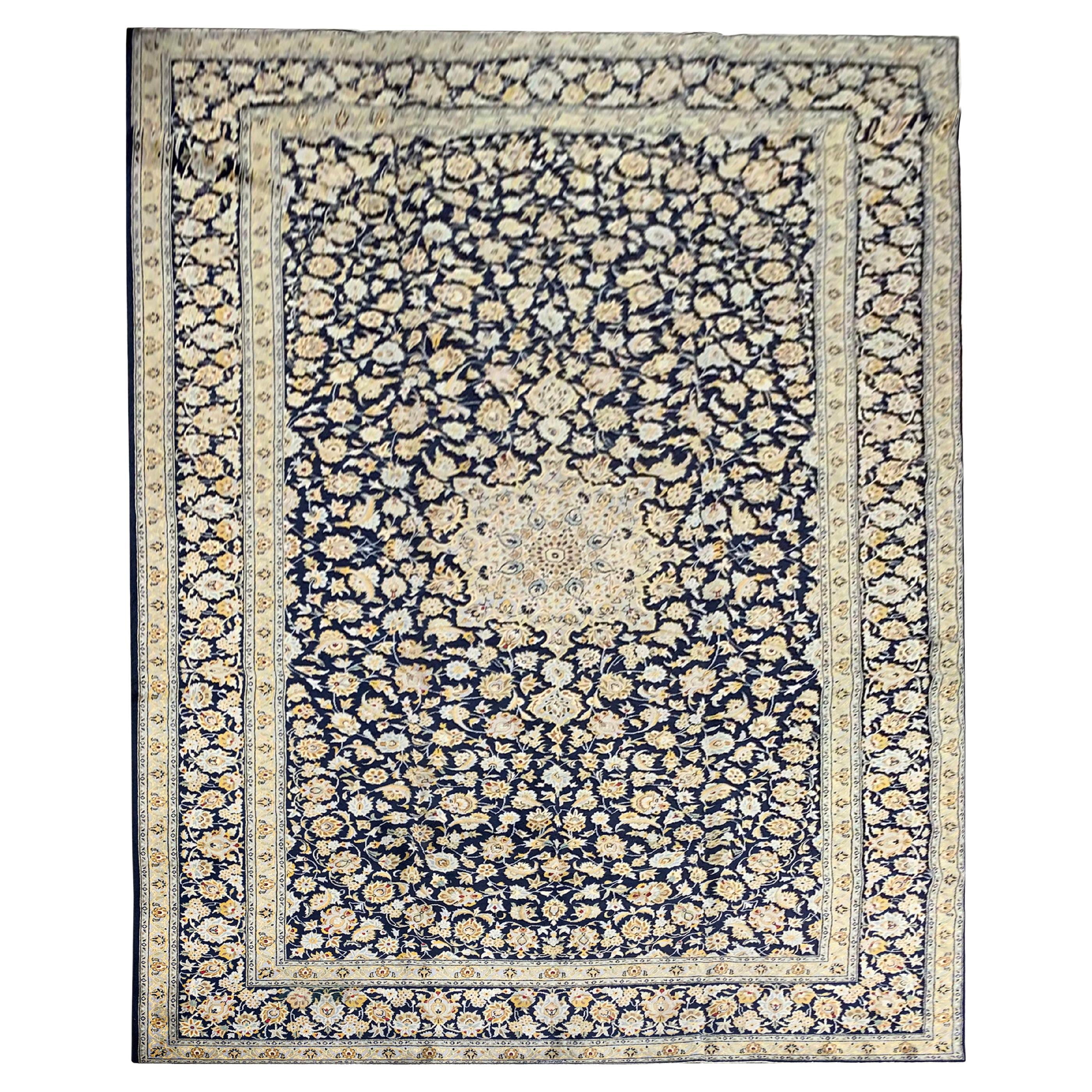 Traditional Handmade Vintage Carpet Large Blue Cream Wool Area Rug For Sale