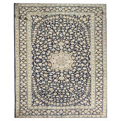 Alfombra tradicional hecha a mano de época Alfombra grande de lana azul crema
