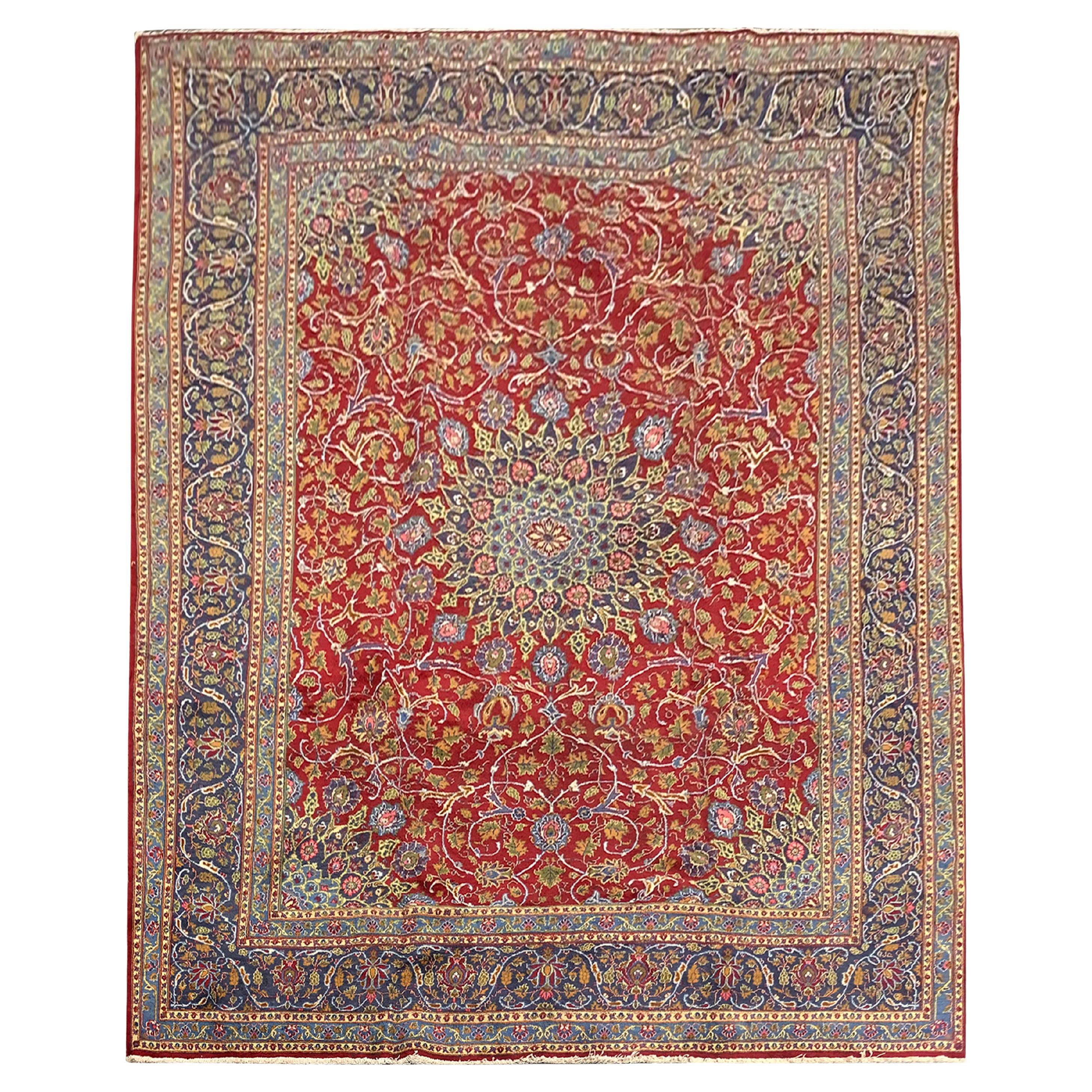 Grand tapis traditionnel en laine rouge vintage fait à la main - Tapis oriental