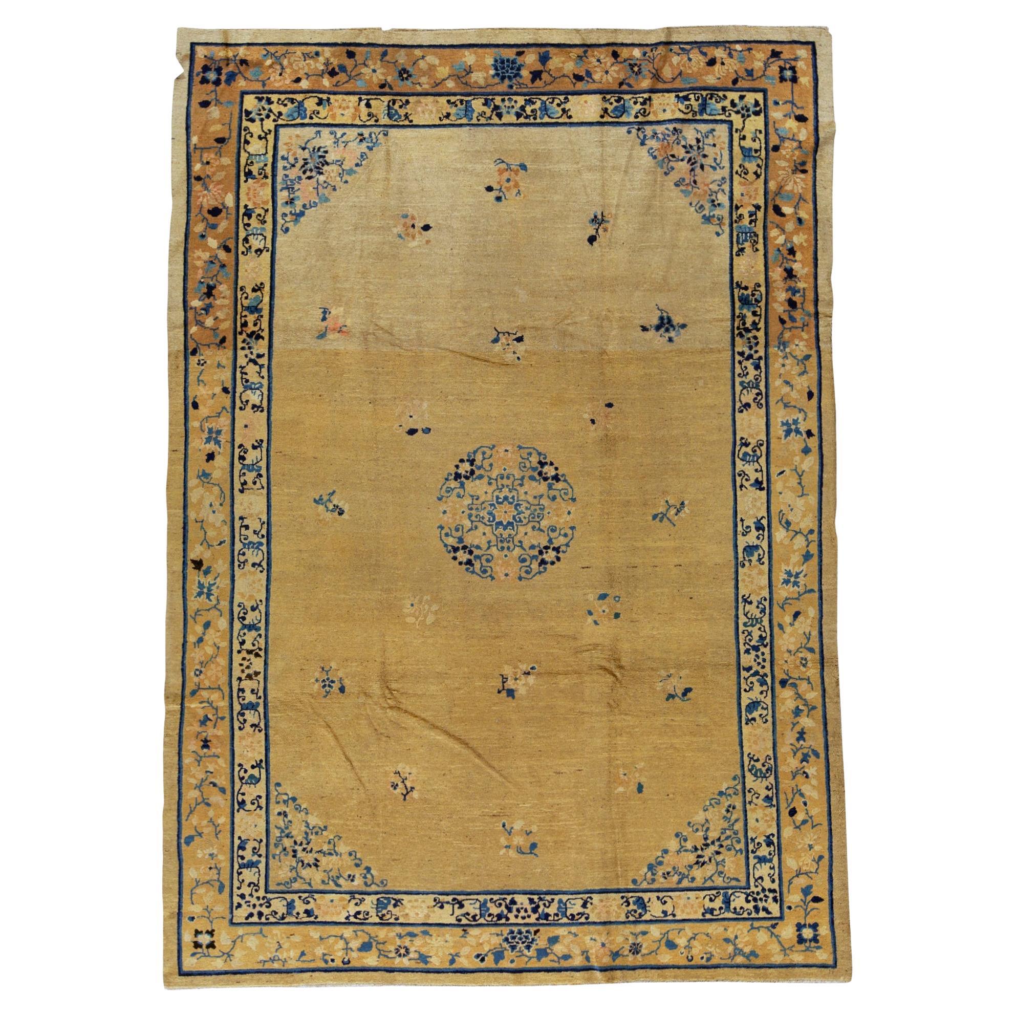 Traditional Handwoven Antique Peking Chinese Wool Ivory Rug For Sale