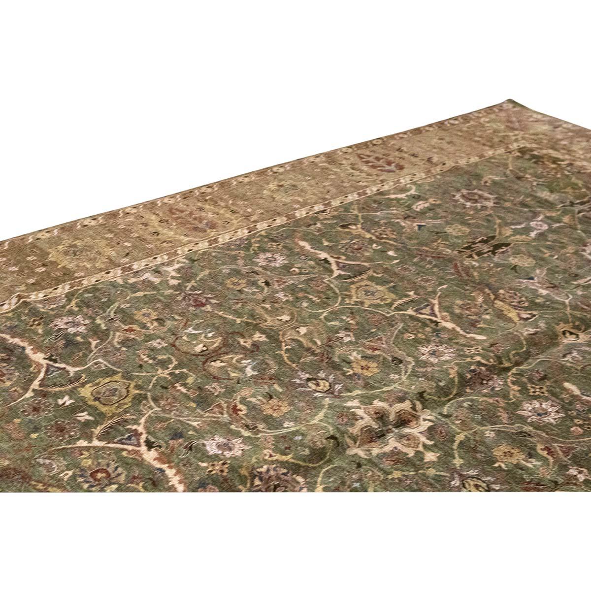 Indian Traditional Handwoven Luxury Hadji Jalili Tabriz Green / Brown For Sale