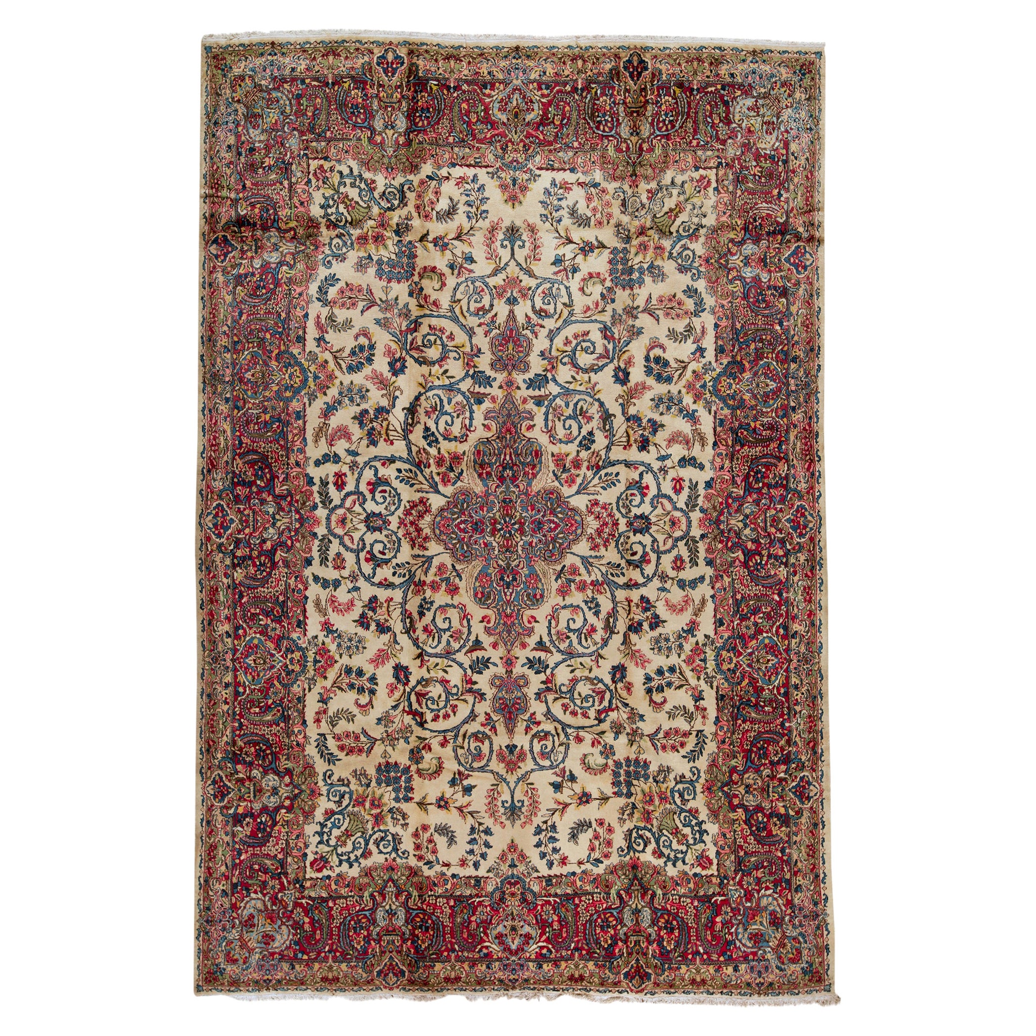 Tradizionale tessuto a mano di lusso semi antico Kashan Avorio / Rosso in vendita