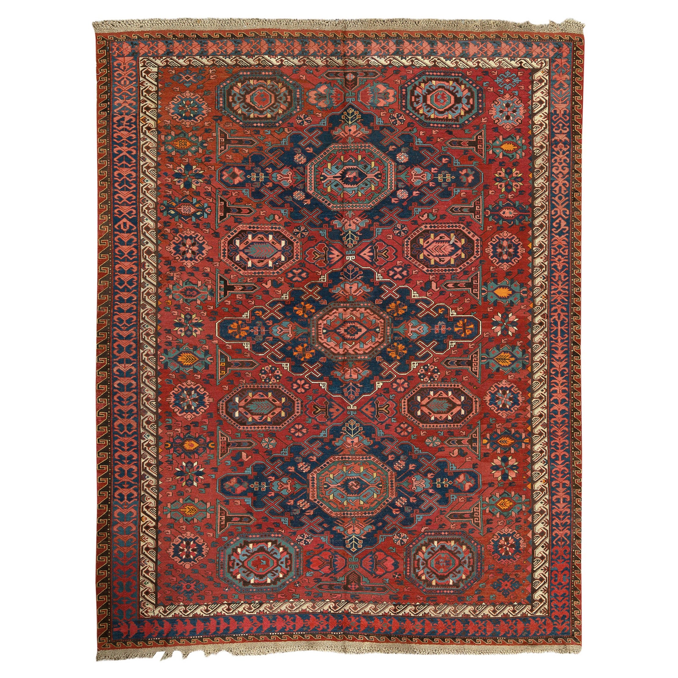 Alfombra Sumak Tradicional Tejida a Mano de Lujo Semi Antigua Azul Marino / Rojo Fino en venta