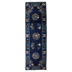 Tapis de couloir traditionnel de luxe en laine bleu antique et bleu marine tissé à la main