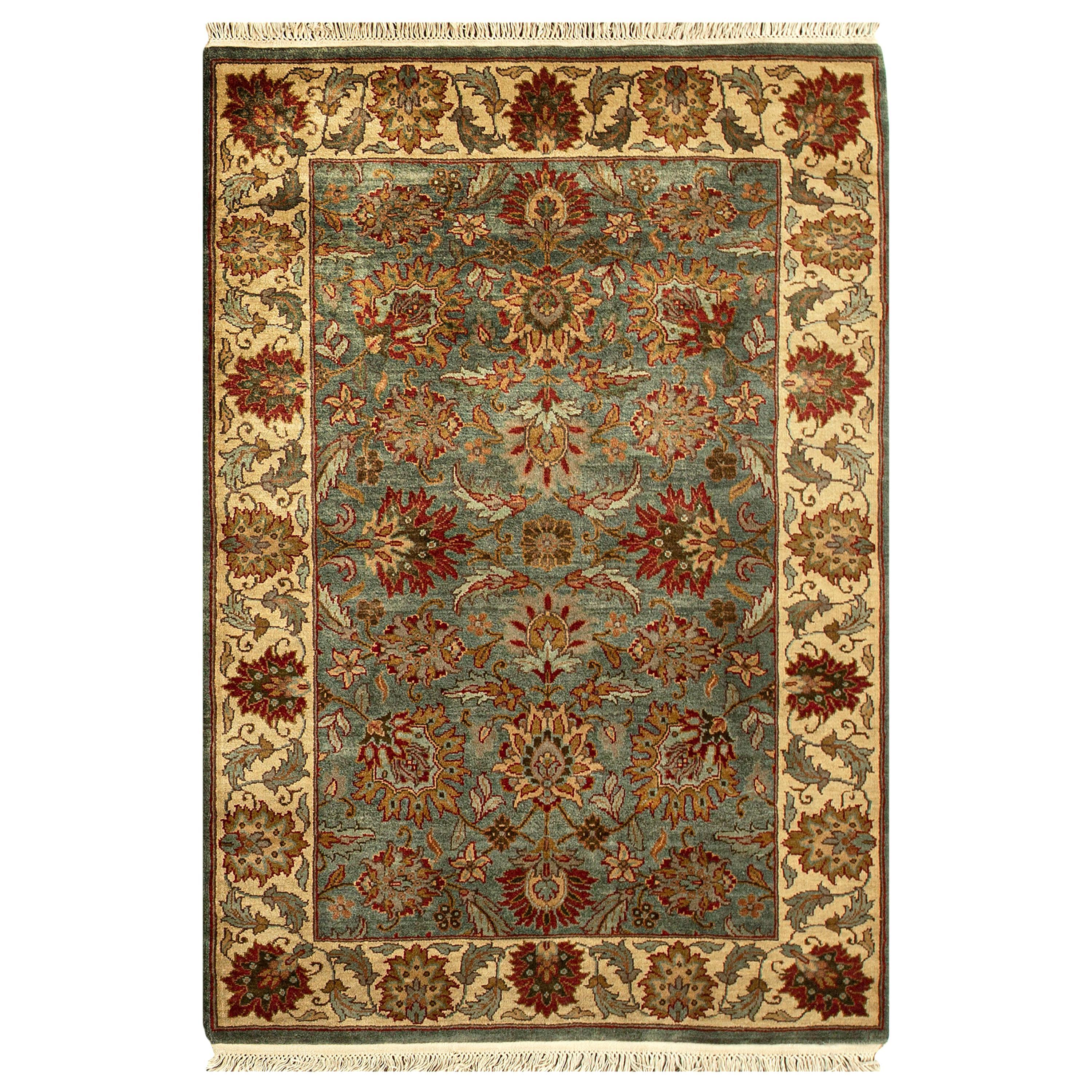 Traditioneller handgewebter luxuriöser grüner / cremefarbener Teppich 4''1x6''3