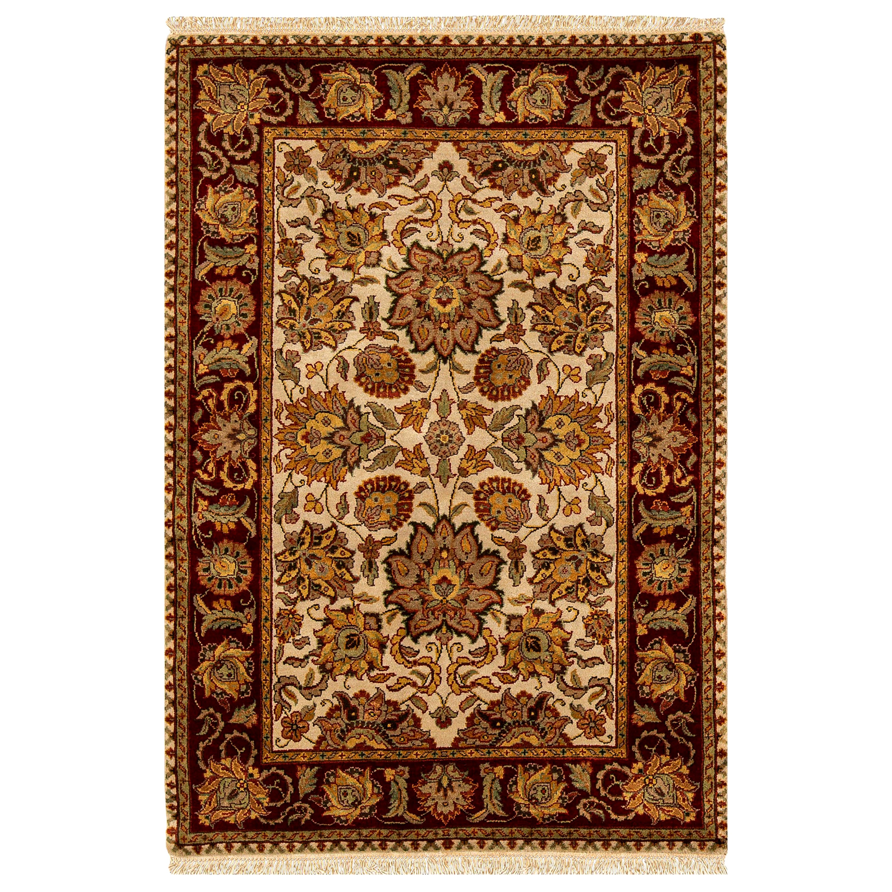 Tapis traditionnel de luxe en laine ivoire/rouge tissé à la main 4''x6''1