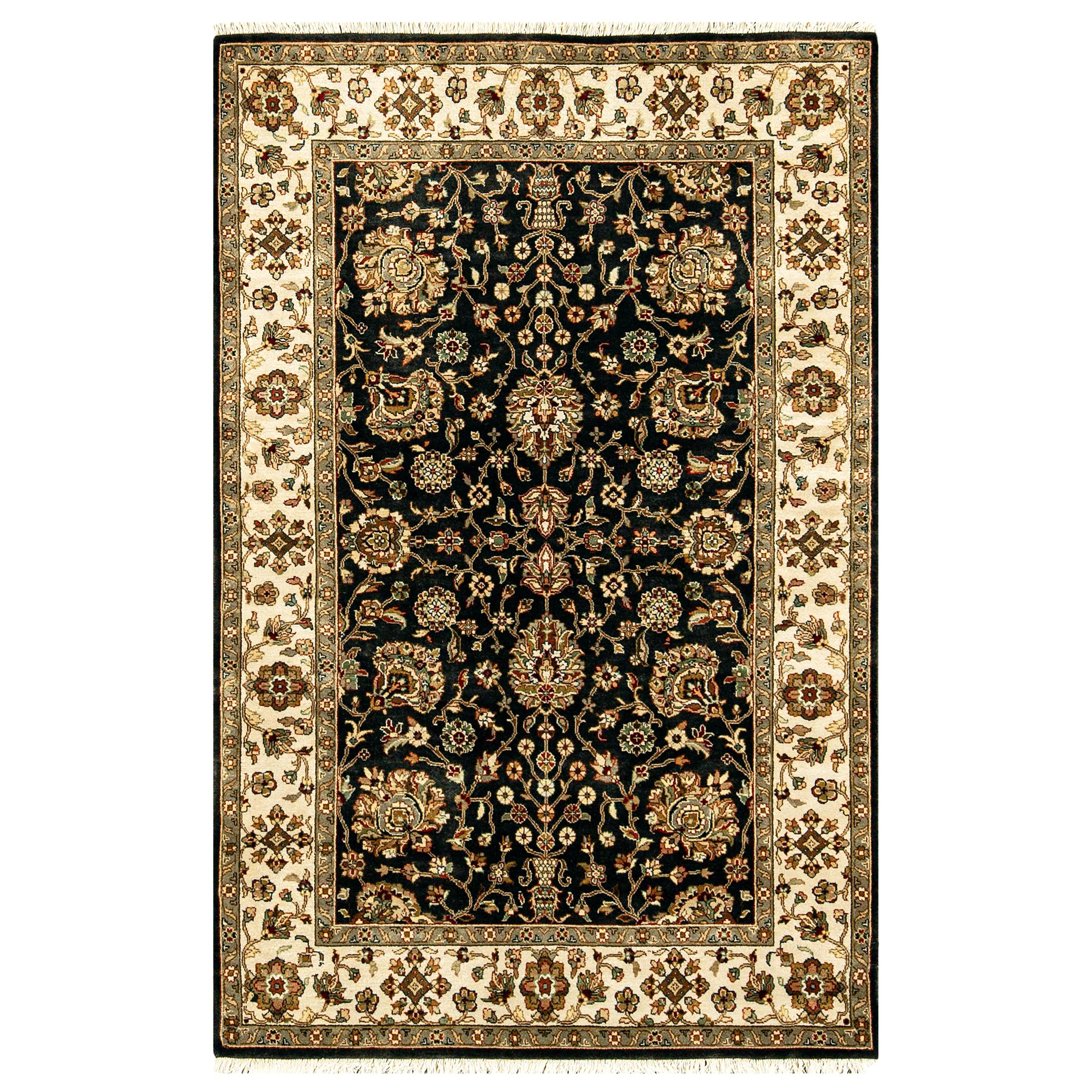 Traditionelle handgewebte Luxus-Woll in Marineblau /  Taupefarbener Teppich 3''11x6'' im Angebot