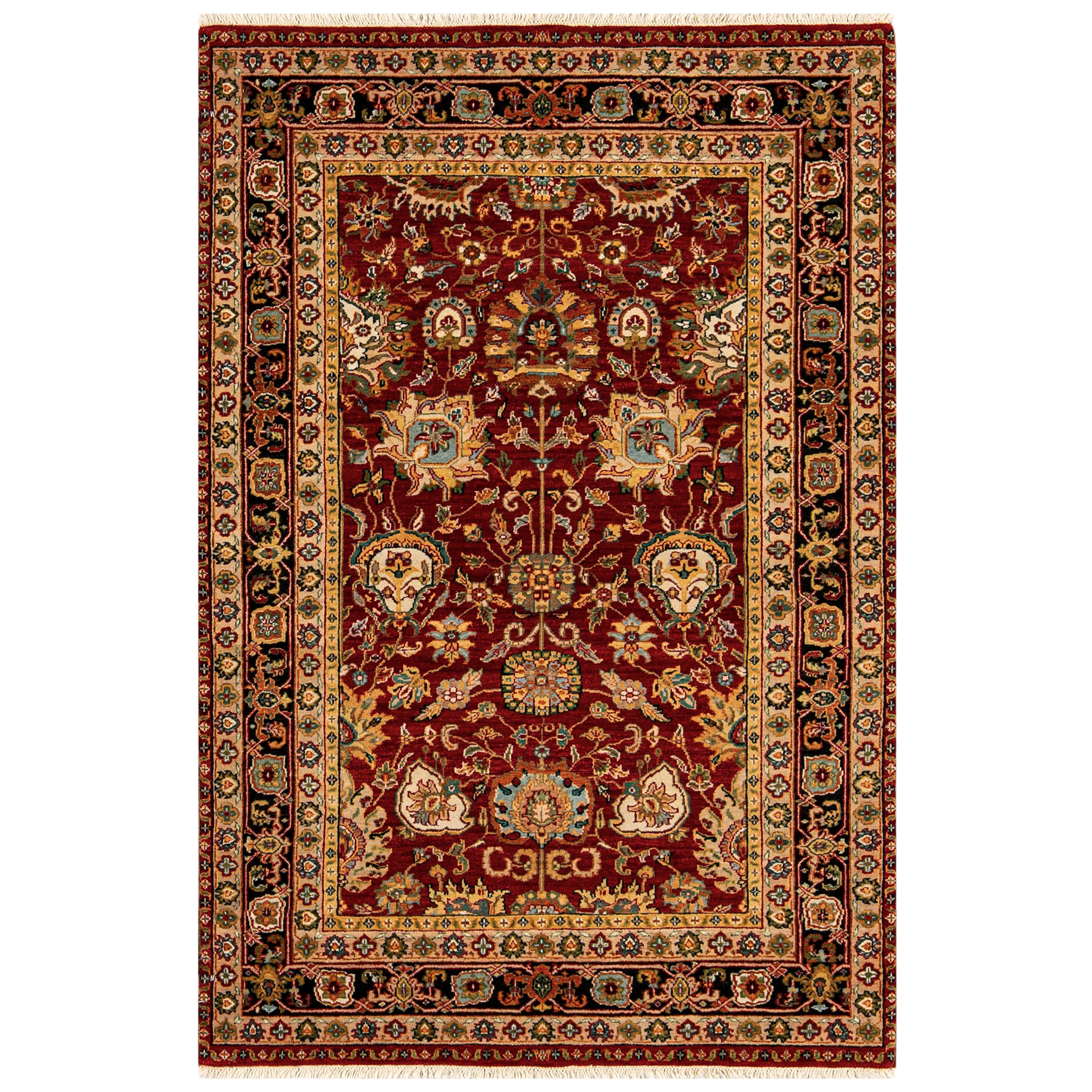 Traditioneller handgewebter luxuriöser rot-schwarzer Teppich aus Wolle 4'2"x6'3"