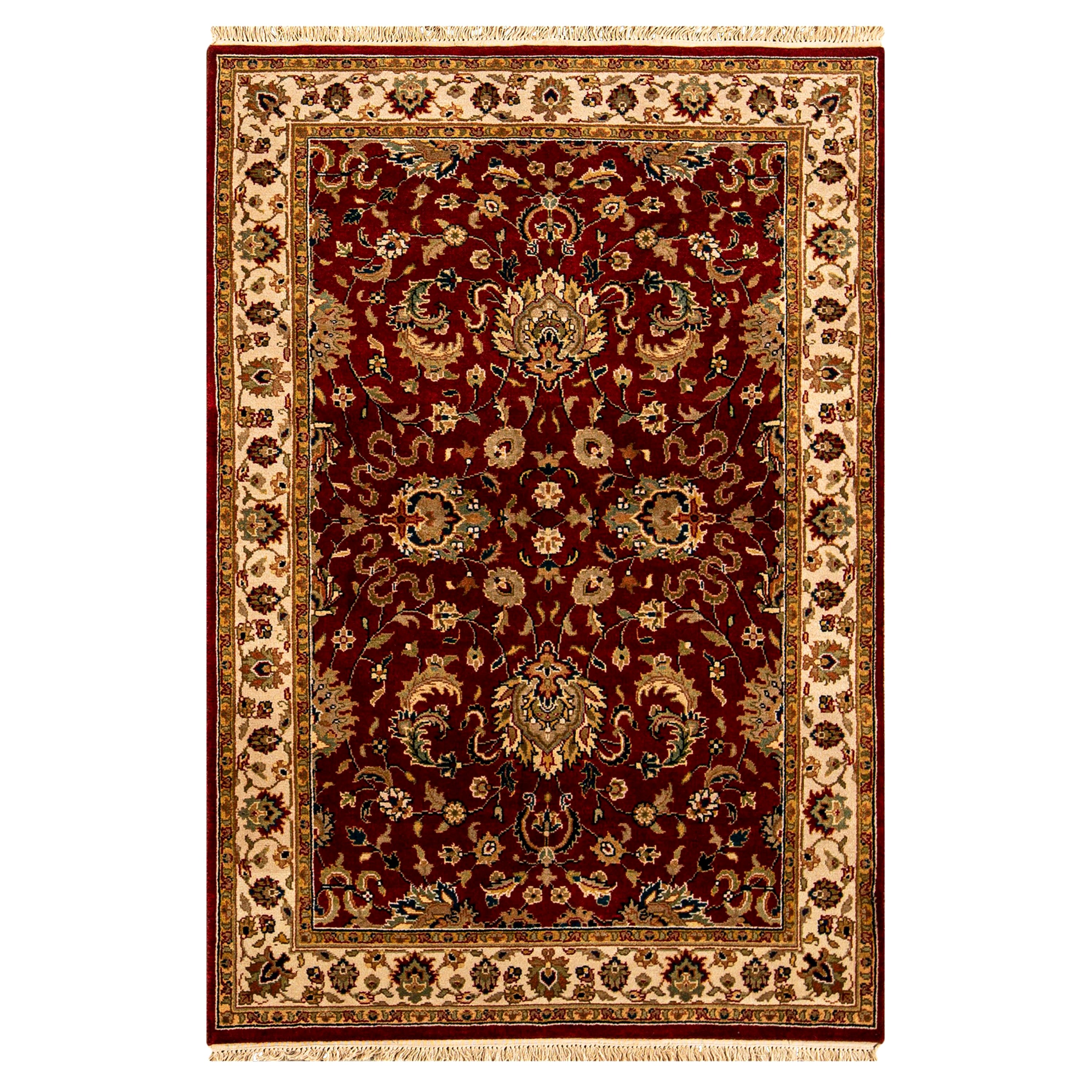 Traditioneller handgewebter luxuriöser Wein-/Beige-Teppich aus Wolle 3''11x5''11