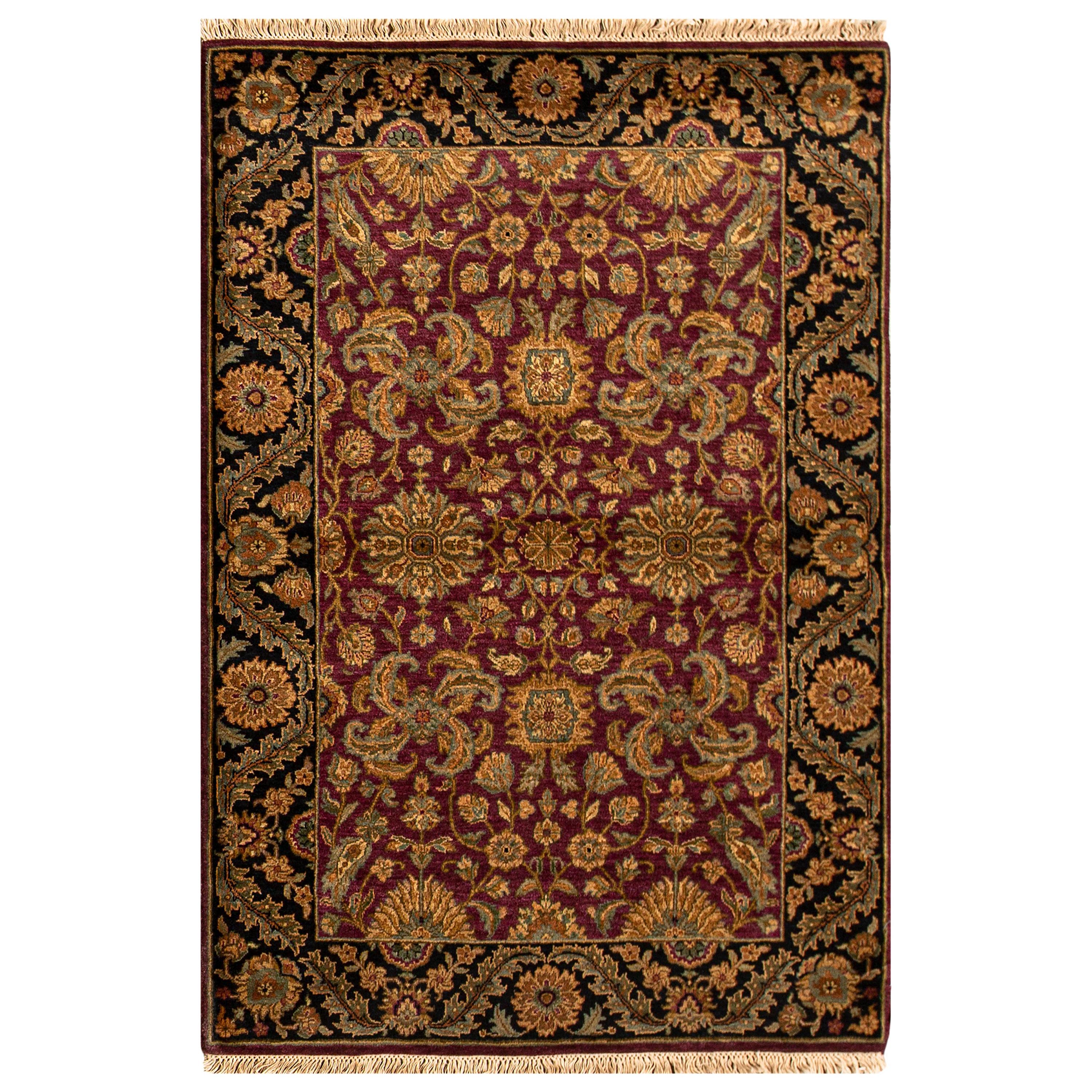 Traditioneller handgewebter luxuriöser Wein-/Schwarzer Teppich aus Wolle 4''1x6''3 im Angebot