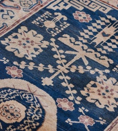 Mid-19th Century Handwoven Khotan Rug, Navy Blue Wool, East Turkestan