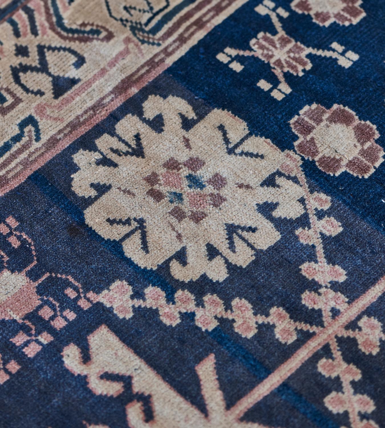 Hand-Knotted Traditional Handwoven Navy Blue Khotan Rug For Sale