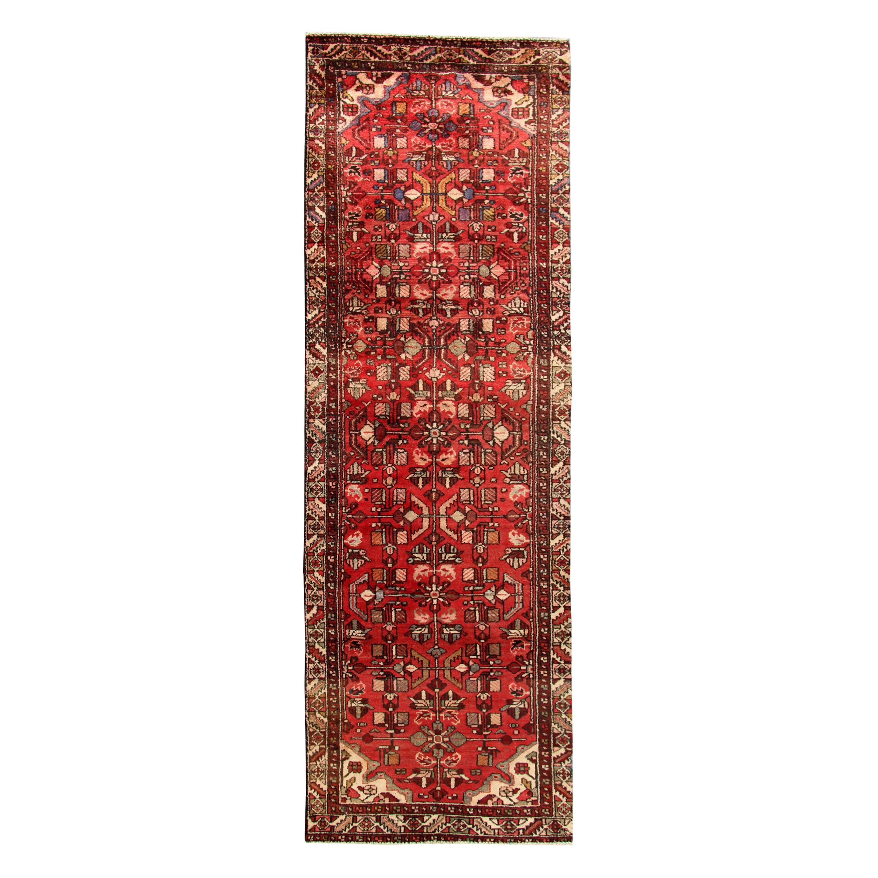 Handwoven Oriental Runner Rug, Traditional Red Wool Vintage Rug For