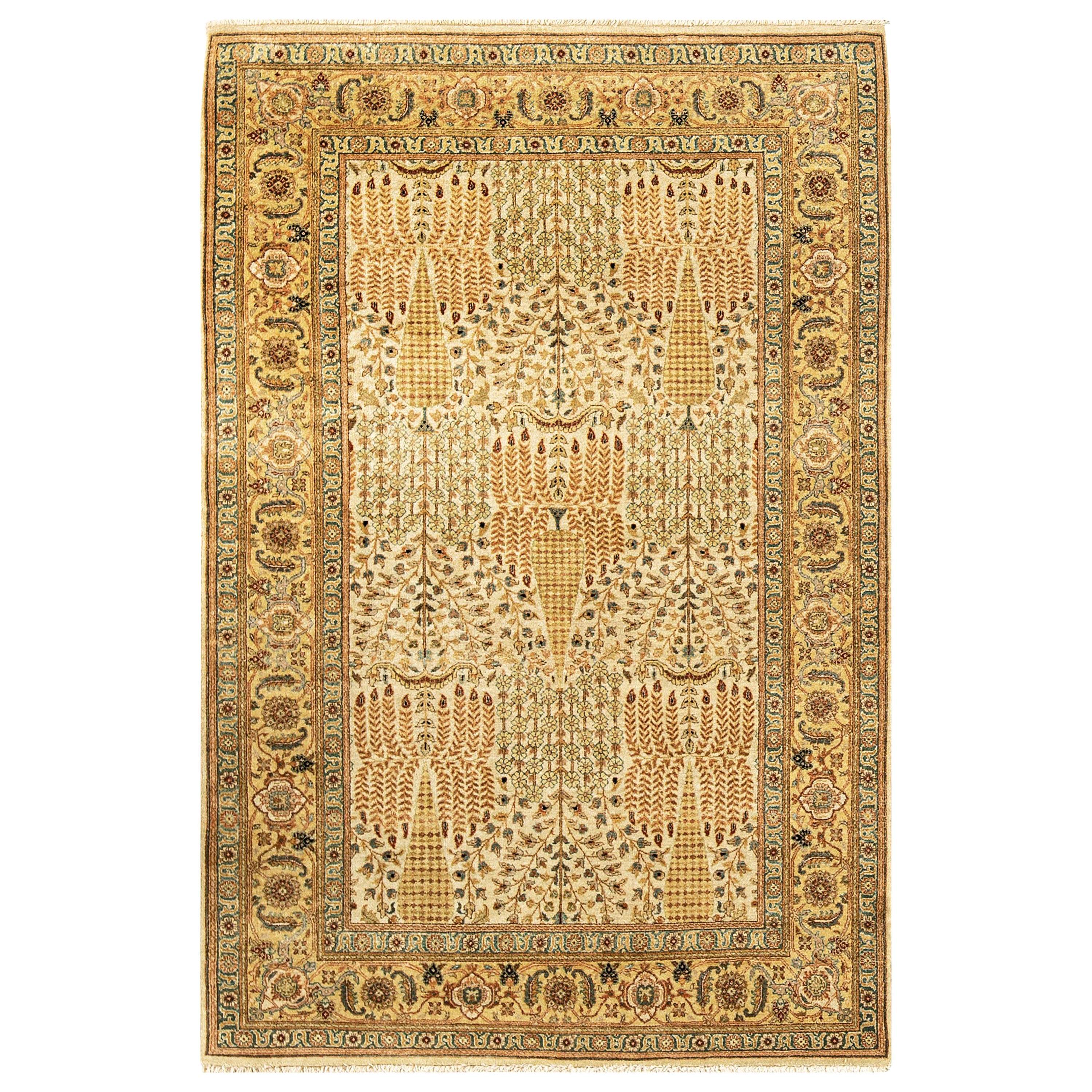 Traditioneller handgewebter elfenbeinfarbener / goldener Teppich aus Wolle 4''x6'' im Angebot