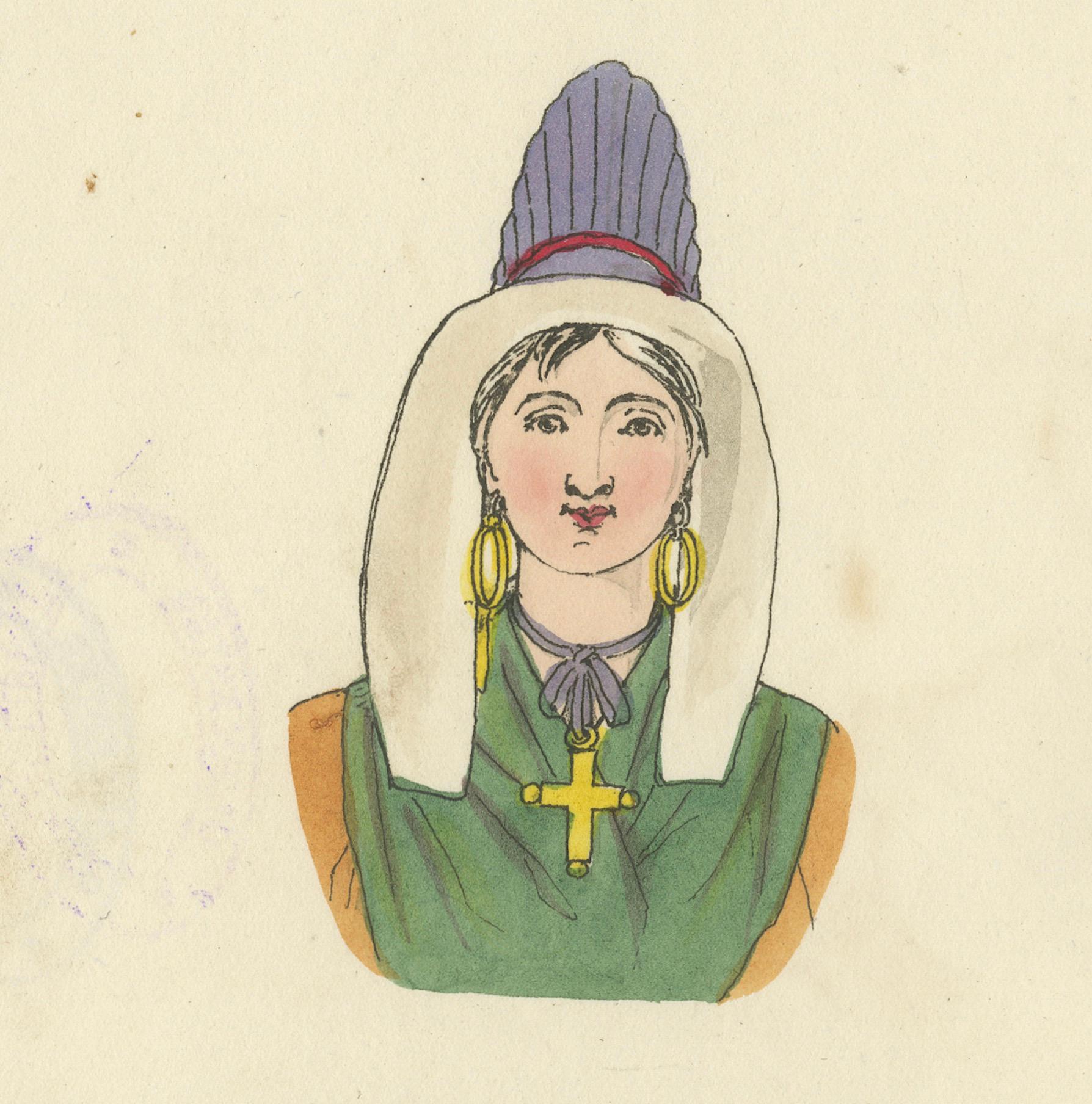 Robes de tête traditionnelles de Dieppe, France - Étude de costume, 1823

Cette lithographie coloriée à la main intitulée 