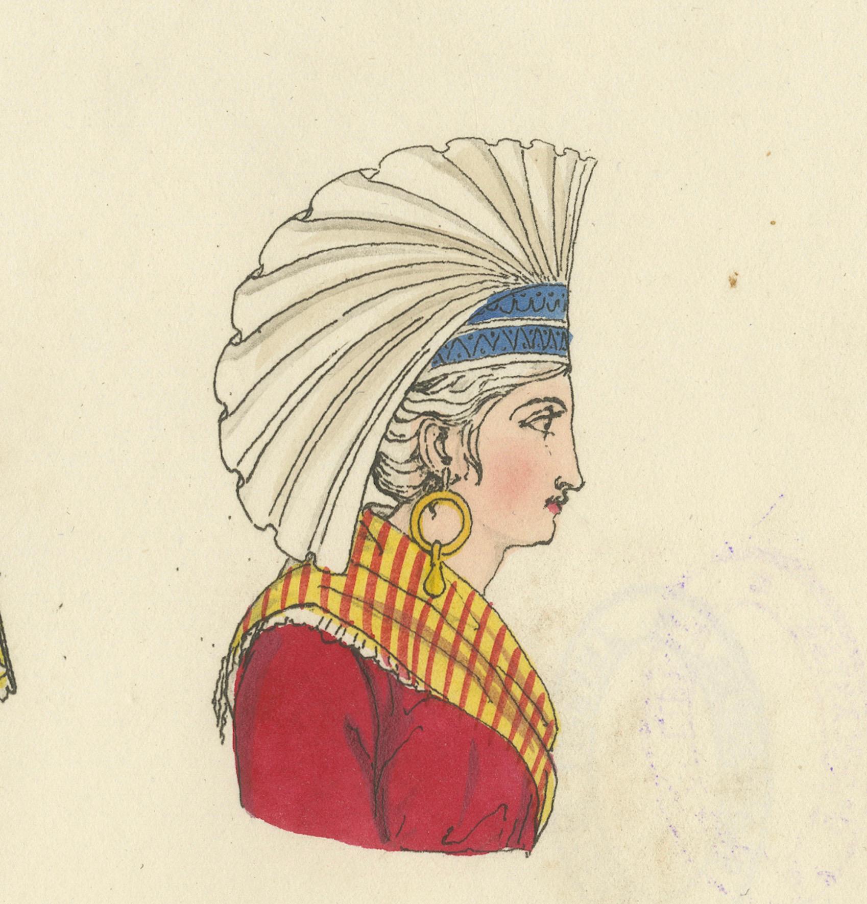 Gravé Robes de tête traditionnelles de Dieppe, France - Étude de costume, 1823 en vente