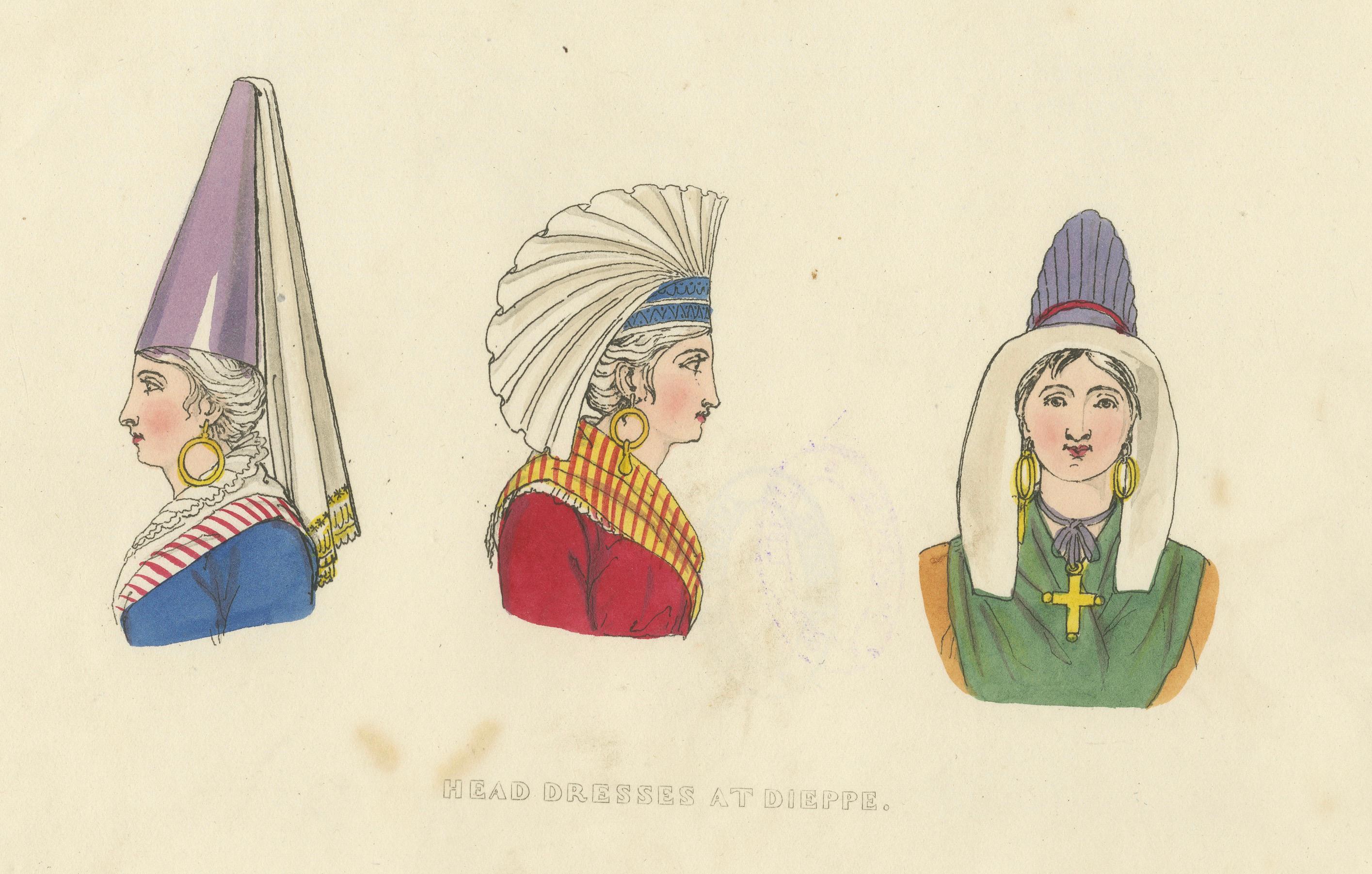 Début du XIXe siècle Robes de tête traditionnelles de Dieppe, France - Étude de costume, 1823 en vente