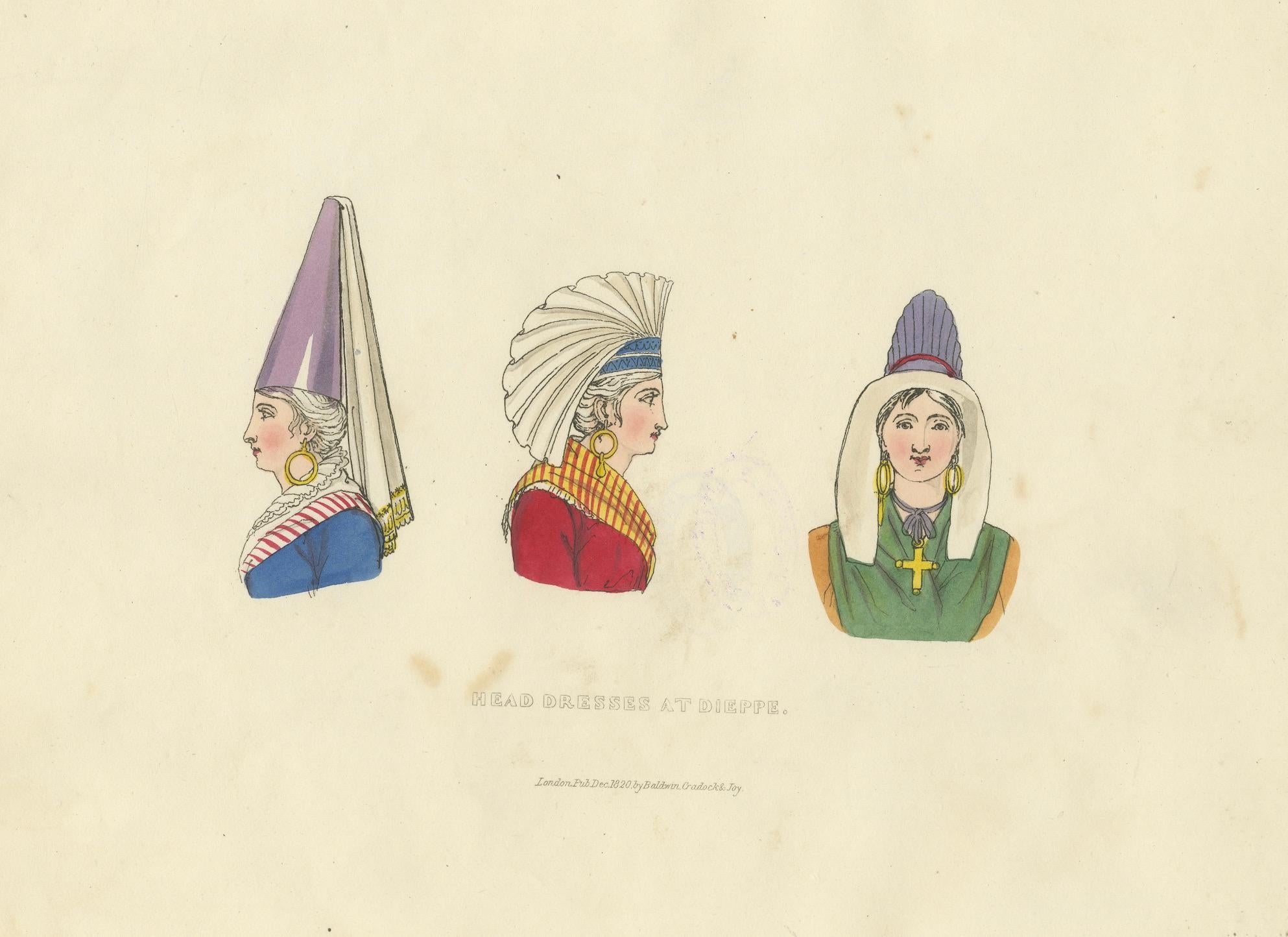Papier Robes de tête traditionnelles de Dieppe, France - Étude de costume, 1823 en vente