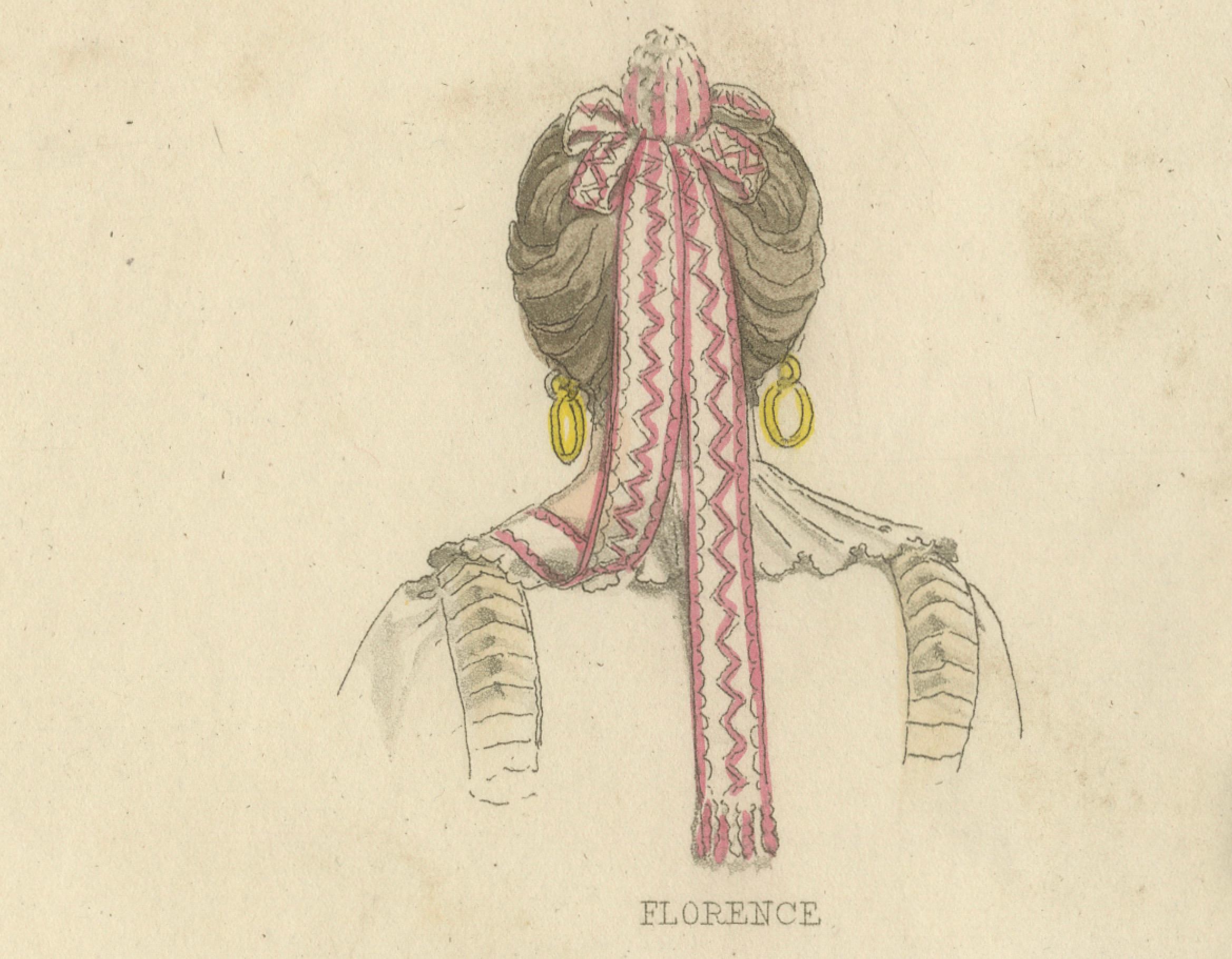Coiffes traditionnelles d'Italie et de France : Florence, Ostie, Castà - 1823

Cette lithographie coloriée à la main, portant la mention 