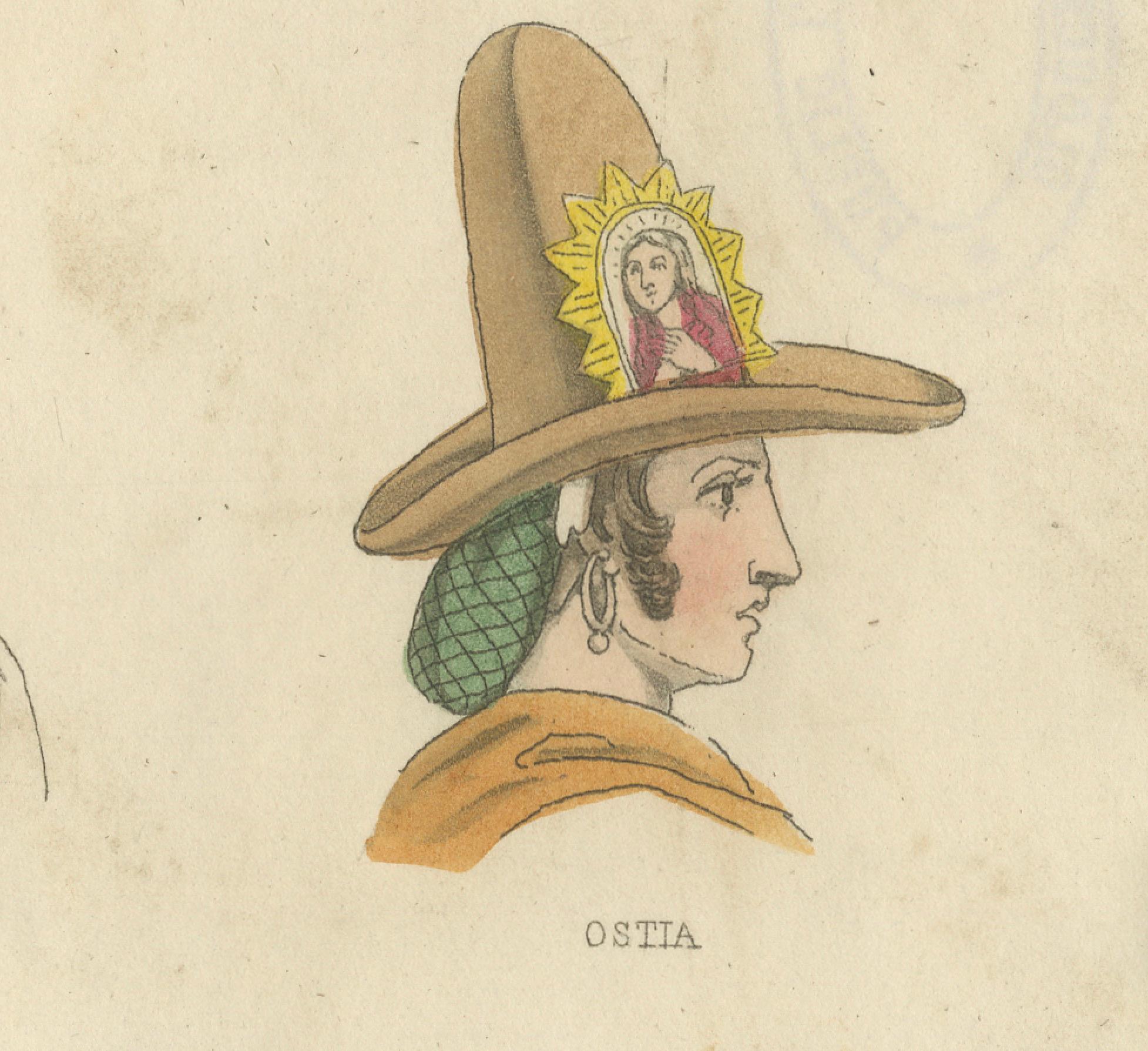 Gravé Coiffes traditionnelles d'Italie et de France : Florence, Ostie, Castà - 1823 en vente