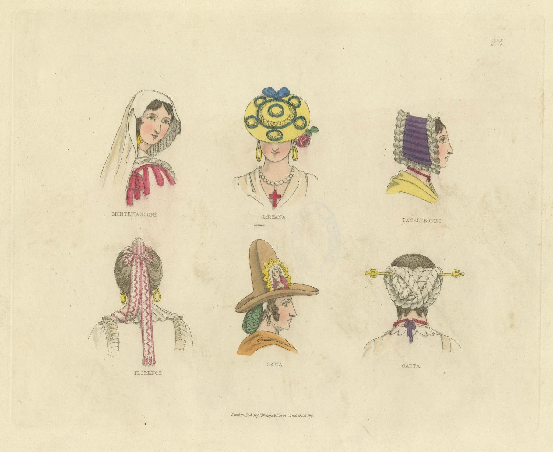 Coiffes traditionnelles d'Italie et de France : Florence, Ostie, Castà - 1823 en vente 1
